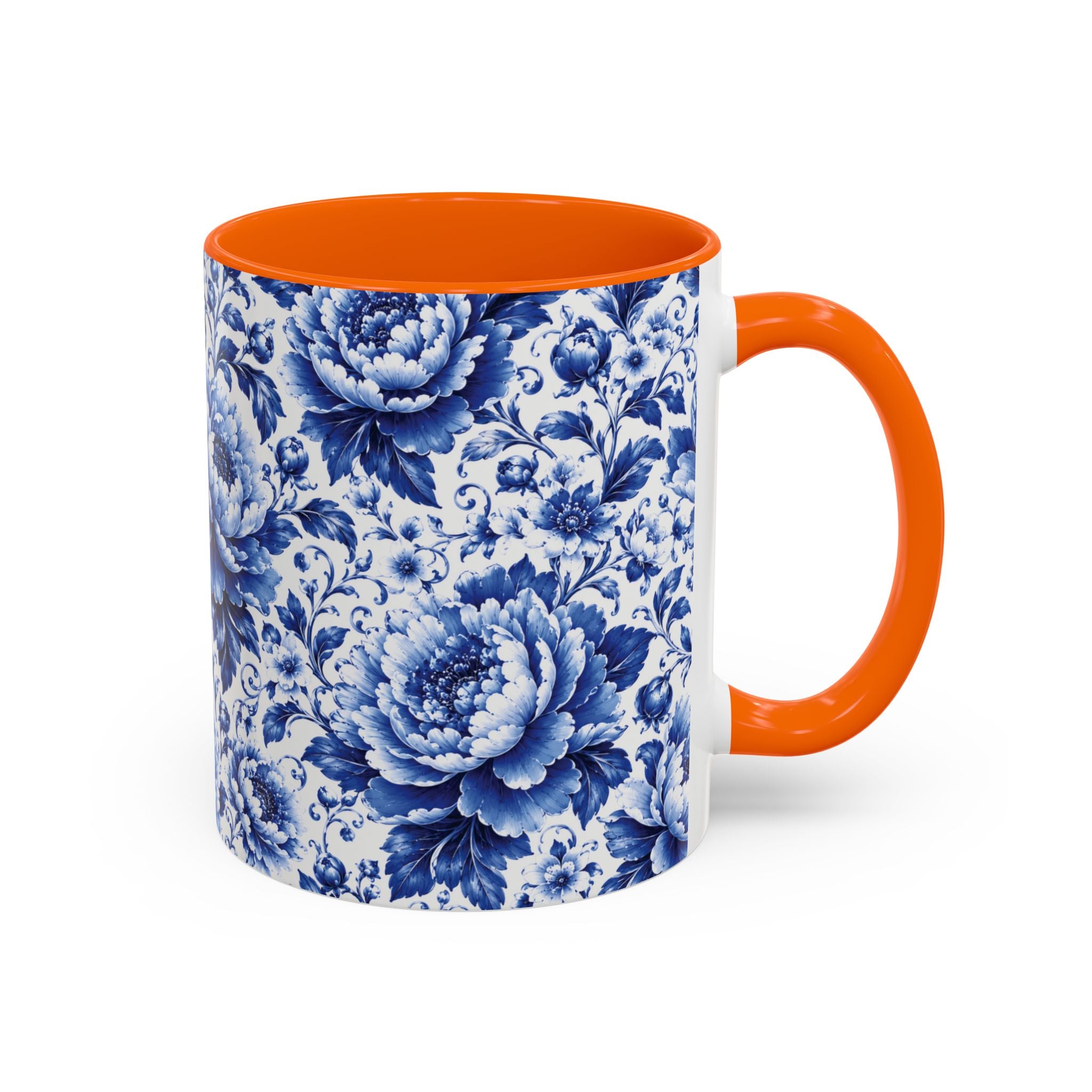 Blue Floral Ceramic Coffee Mug — Vintage Delft Peony Accent (11oz & 15oz) Blue & White Chinoiserie Tea Mug