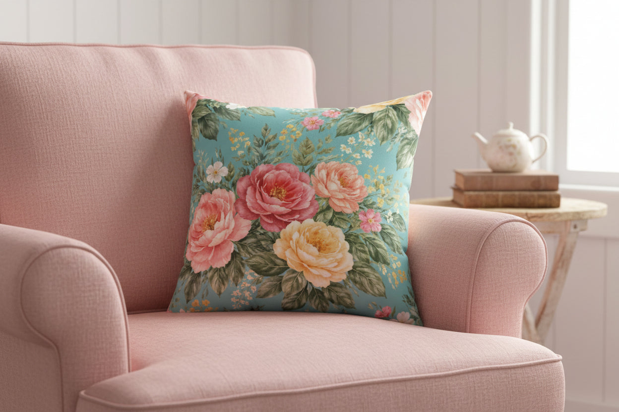 Floral patterned pillow with pink and yellow flowers on a blue background