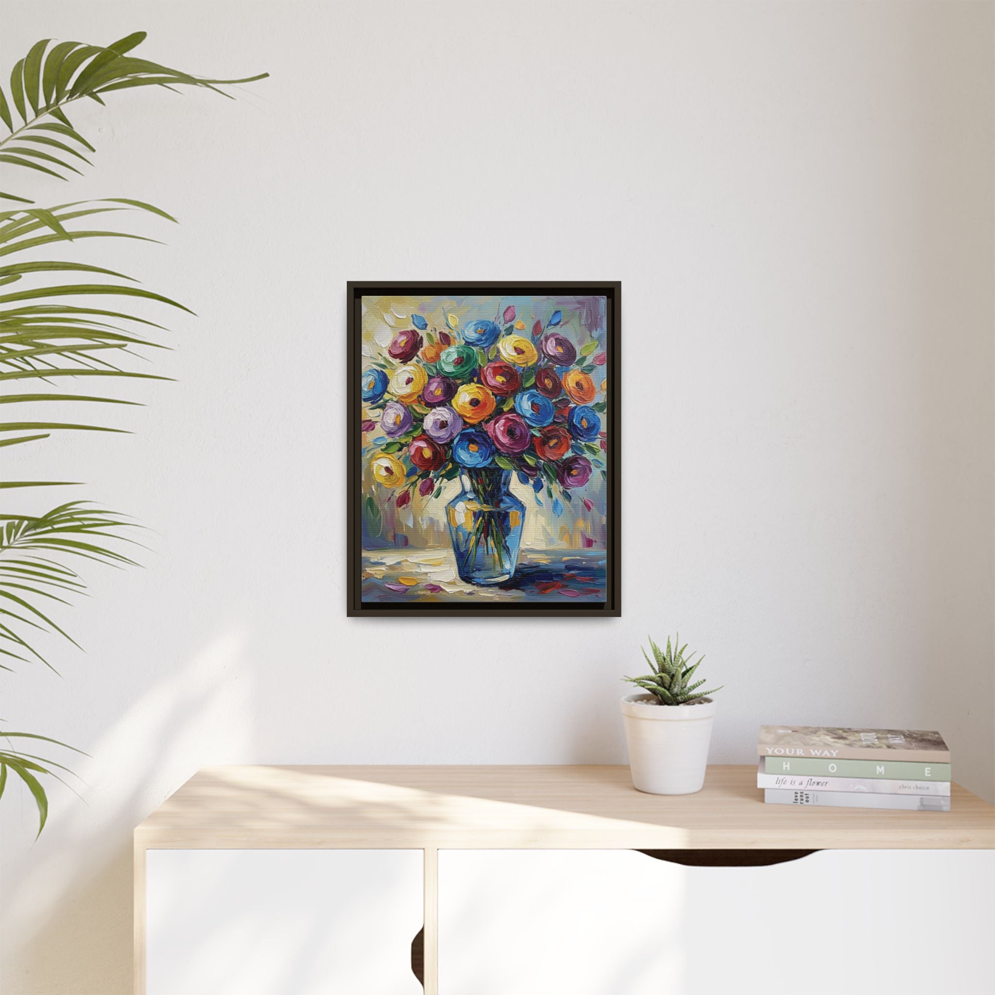 Impression sur toile bouquet floral aquarelle - Tableau mural encadré mat - Illusion de peinture à l'huile vibrante