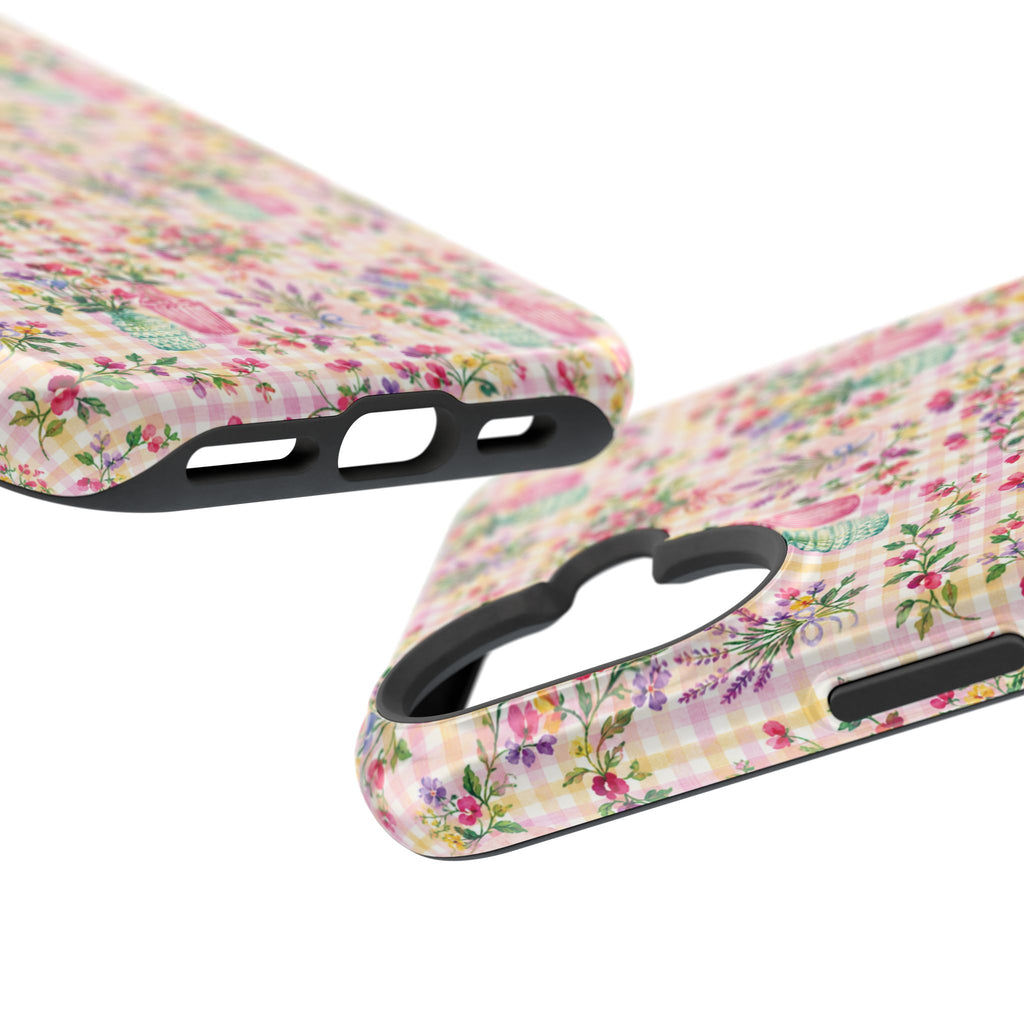 Turquoise & Pink Floral Checker Phone Case — Magnetic Impact-Resistant