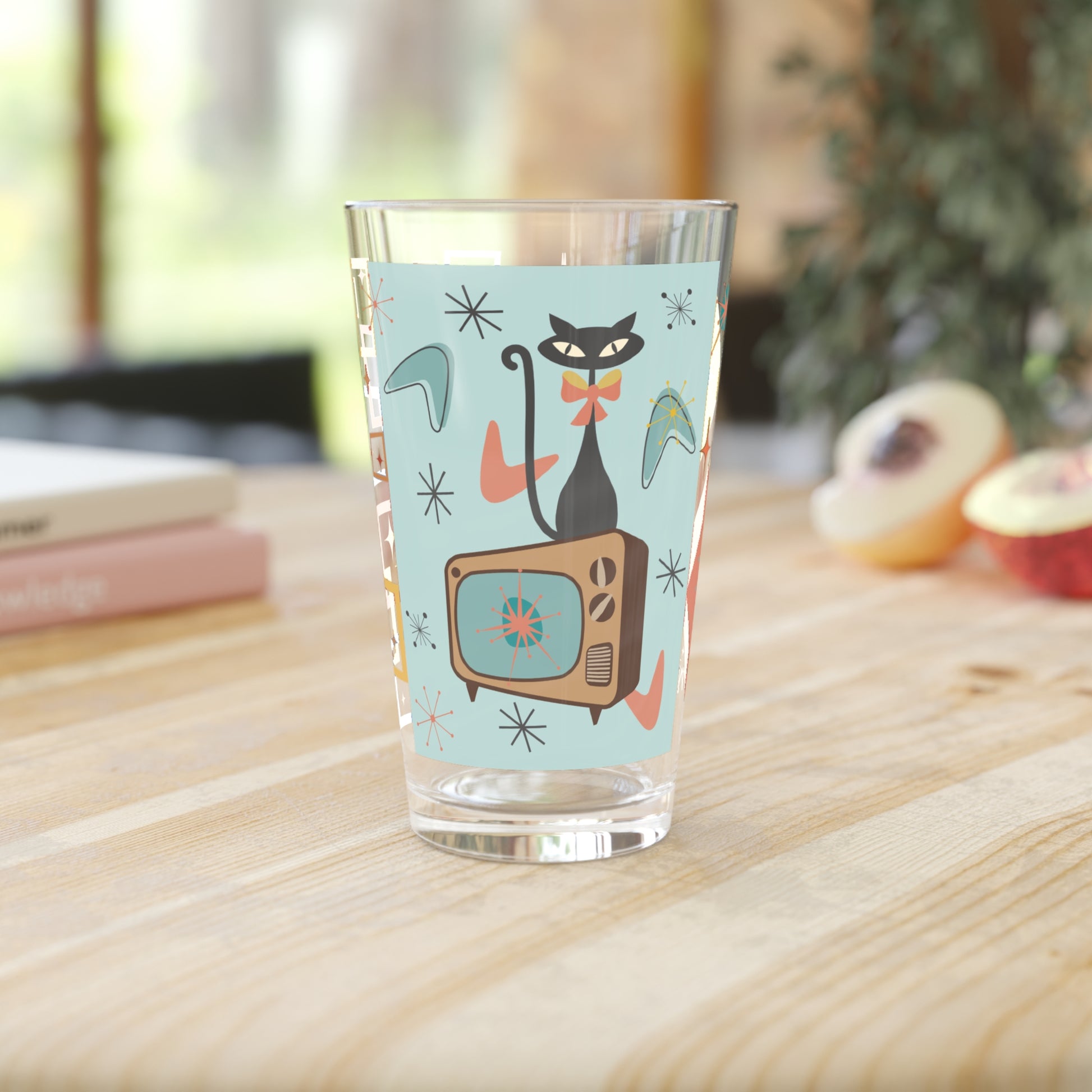 Atomic Cat 16oz Pint Glass Mid-Century Modern Retro Style for Cocktails, Mocktails, Beer, and Water Perfect for Every Occasion Mother's Day Party Drinkware, Housewarming Perfect Gift Party Drinkware, Cocktail, Wedding Perfect for Parties - MRSBYVALLE