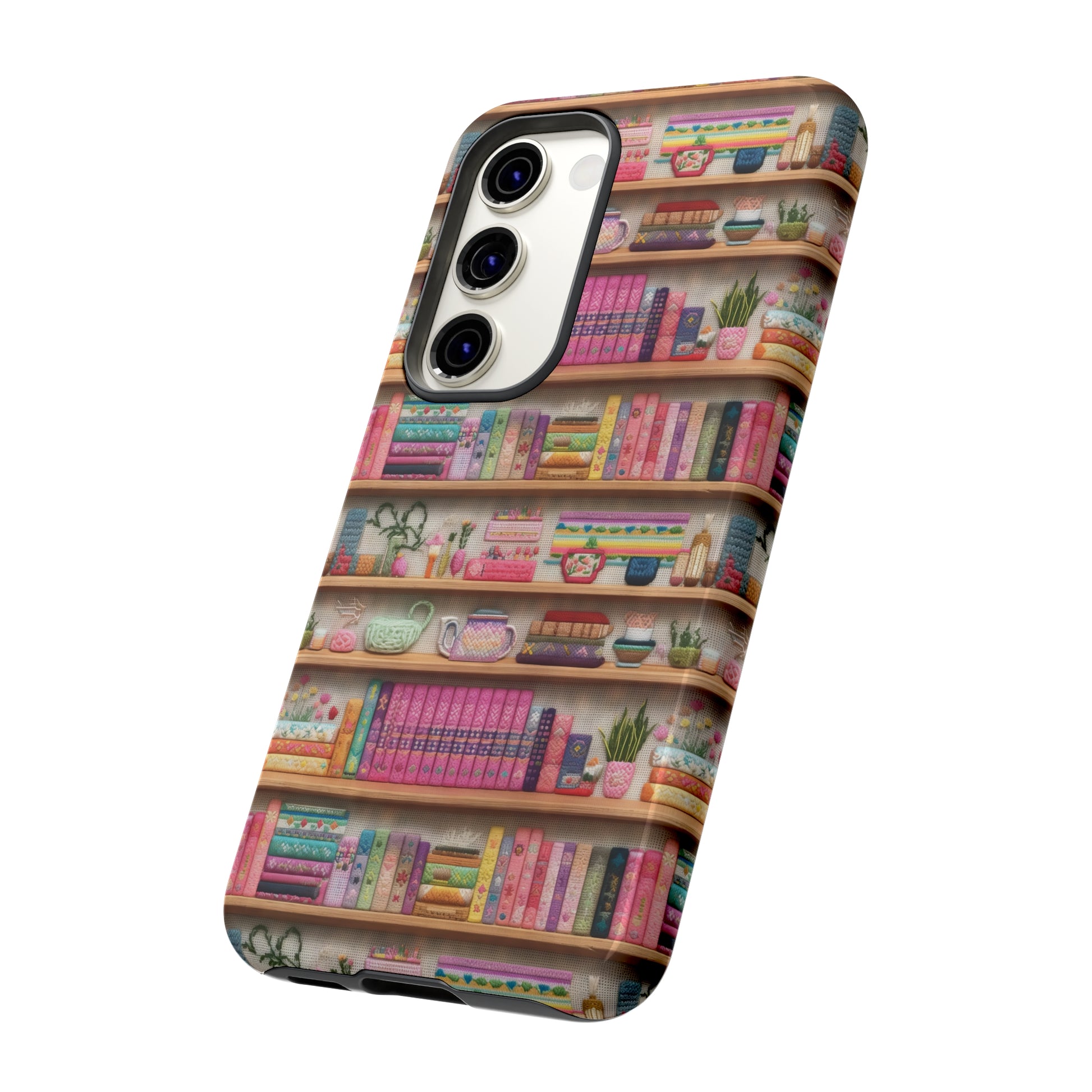 Phone Case 3D Illusion Books & Shelf Embroidery Design with Vibrant Colors Gift for Her Phone 15, Samsung iPhone Samsung Gift for Her Case iPhone 15, Samsung iPhone Samsung Accessory Gift for Her.