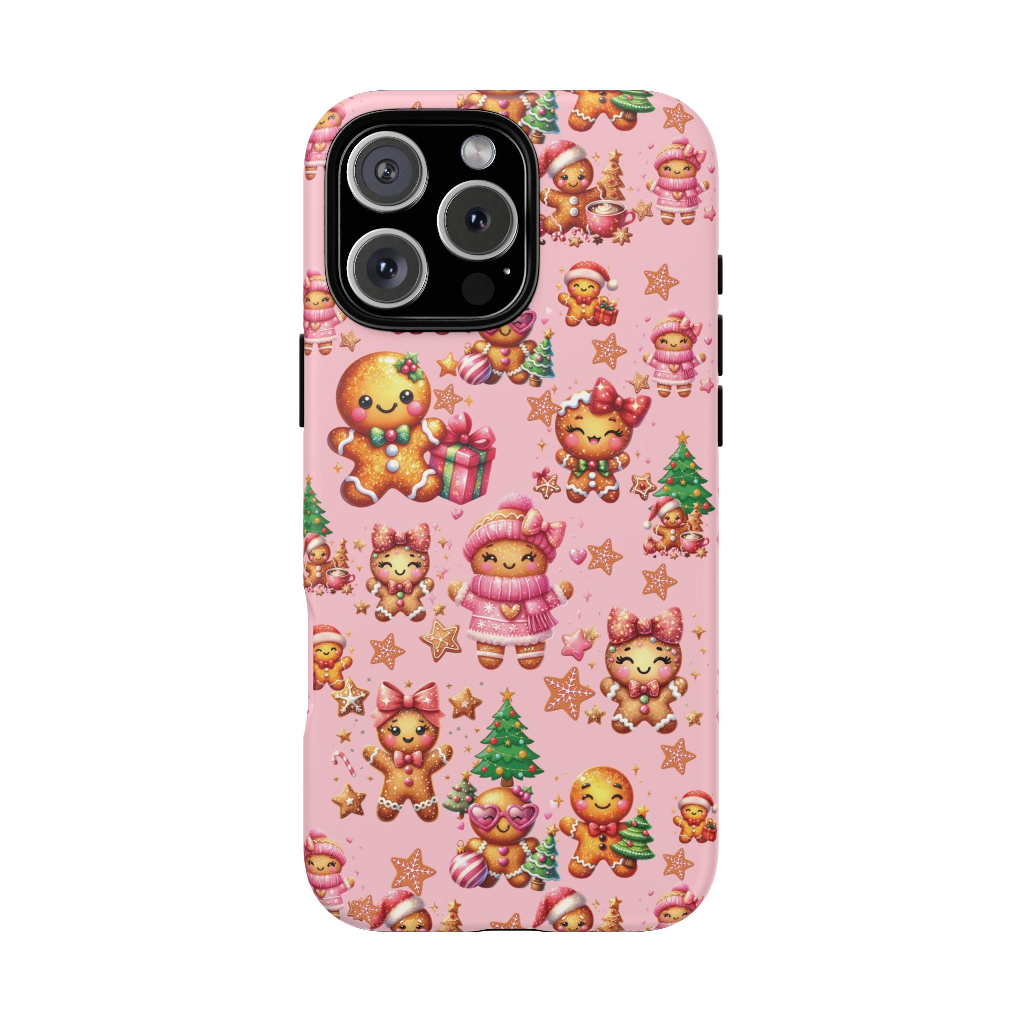 Coque de téléphone en forme de petite fille pain d'épices rose adorable, ambiance girly pour les fêtes, esthétique douce de Noël, idée cadeau mignonne et festive pour elle, housse de protection amusante
