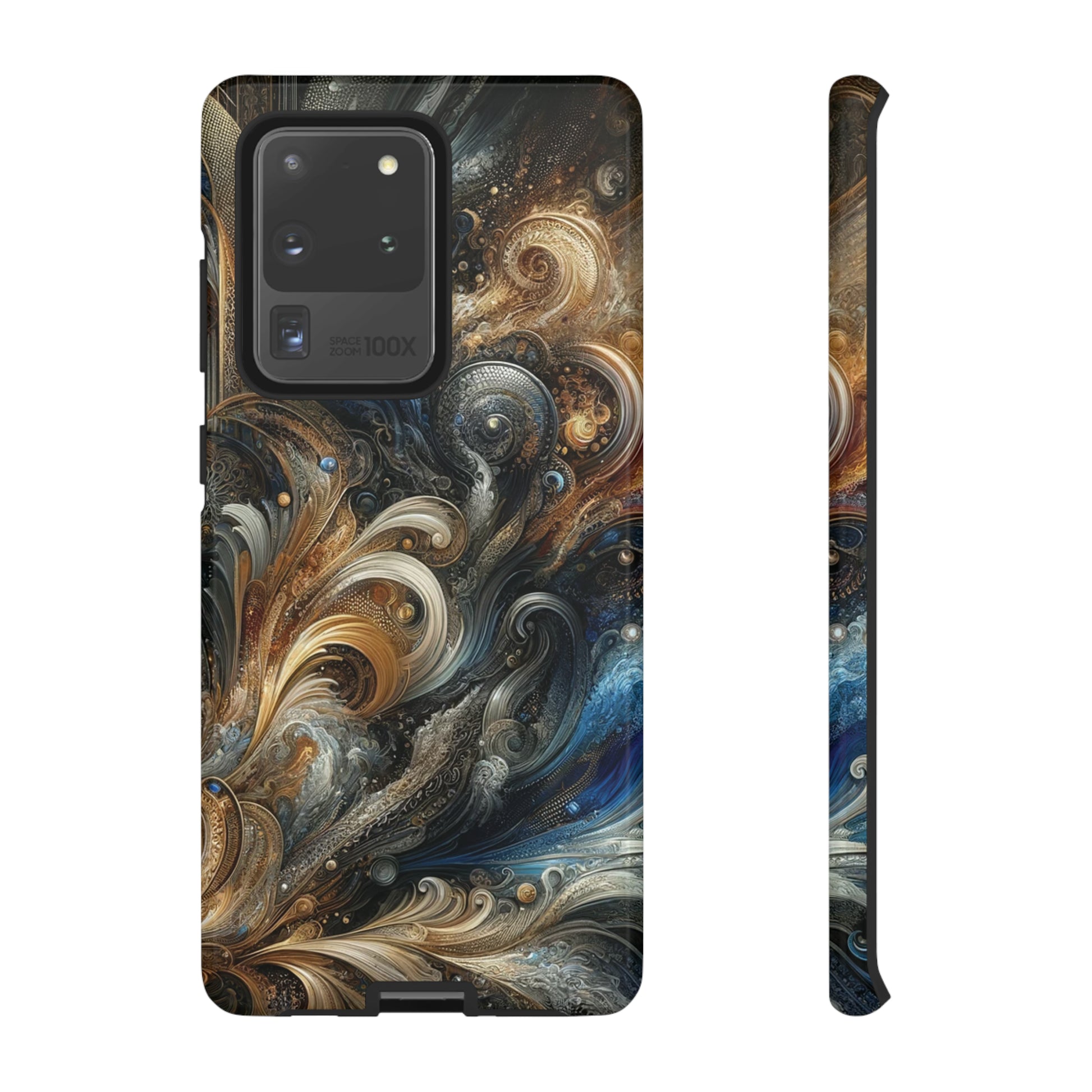 Gold and Navy Art Design Luxury Phone Tough Case Floral Elegant Durable Stylish for Modern Devices iPhone 15, Samsung iPhone Samsung Accessory Gift for Her.