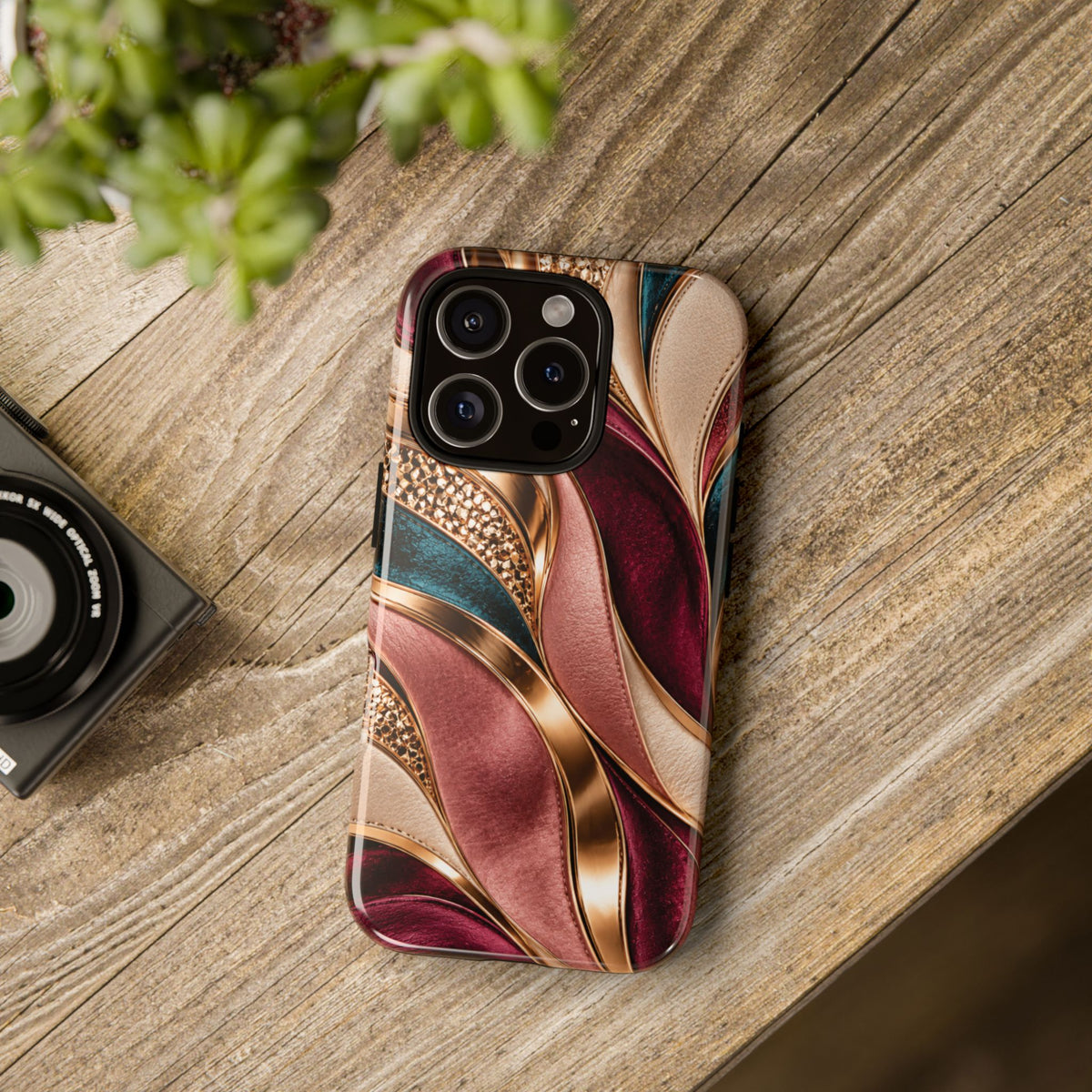 Lux Marble Waves Phone Case Metallic Burgundy, Teal Gold Protective Cover iPhone 18