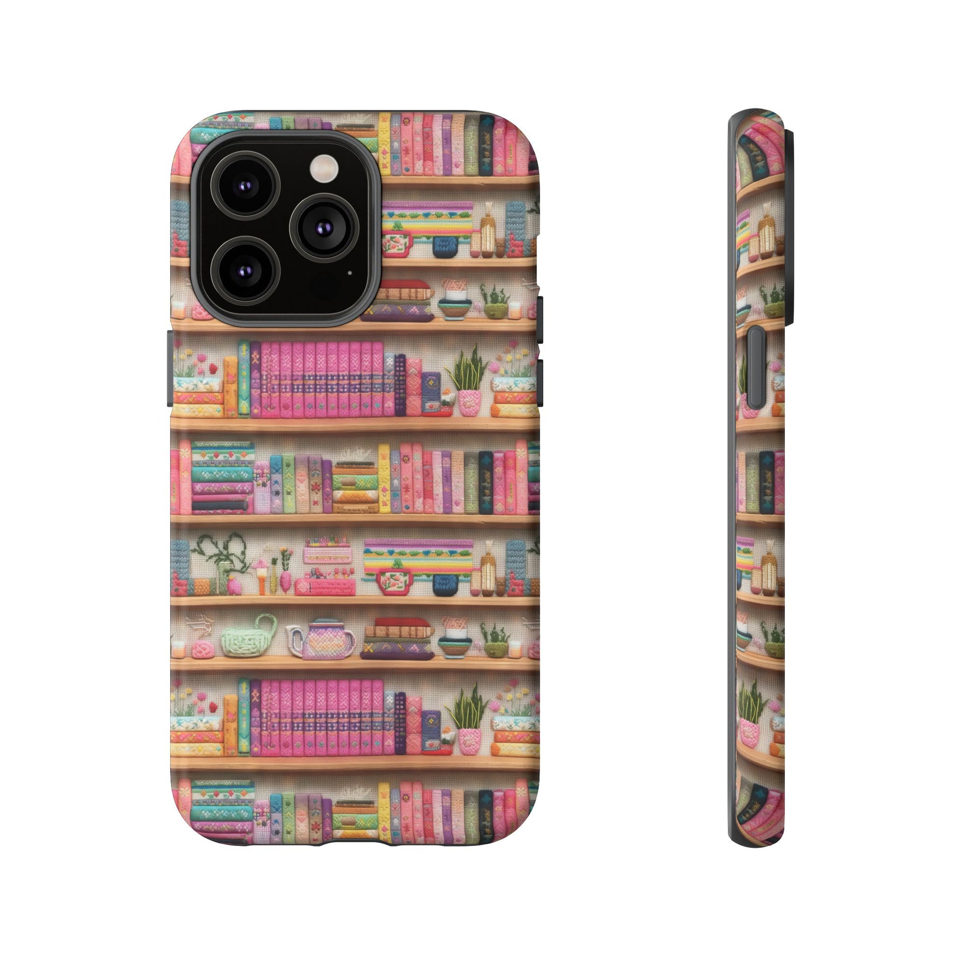 Whimsical 3D Embroidery Illusion Books on Pastel Shelves Phone Case for iPhone, Samsung & Pixel: Unique Accessory for Literary Enthusiasts Gift for Her Perfect for Floral Lover