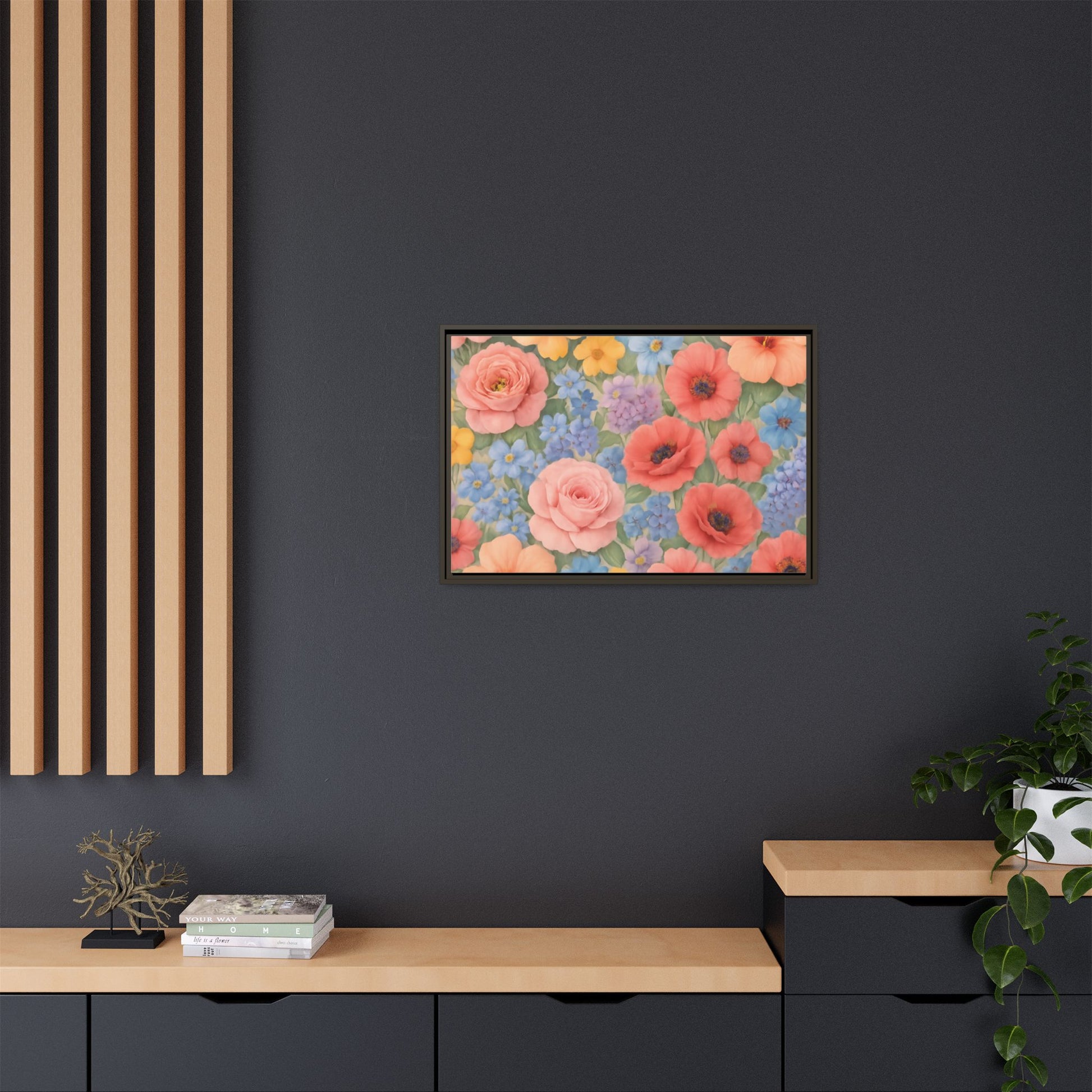 Luxury Framed Floral Canvas – Bold Multi-Color Botanical Wall Art, Elegant Nature-Inspired Accent for Living Room, Bedroom, or Office Décor Gift for Mom