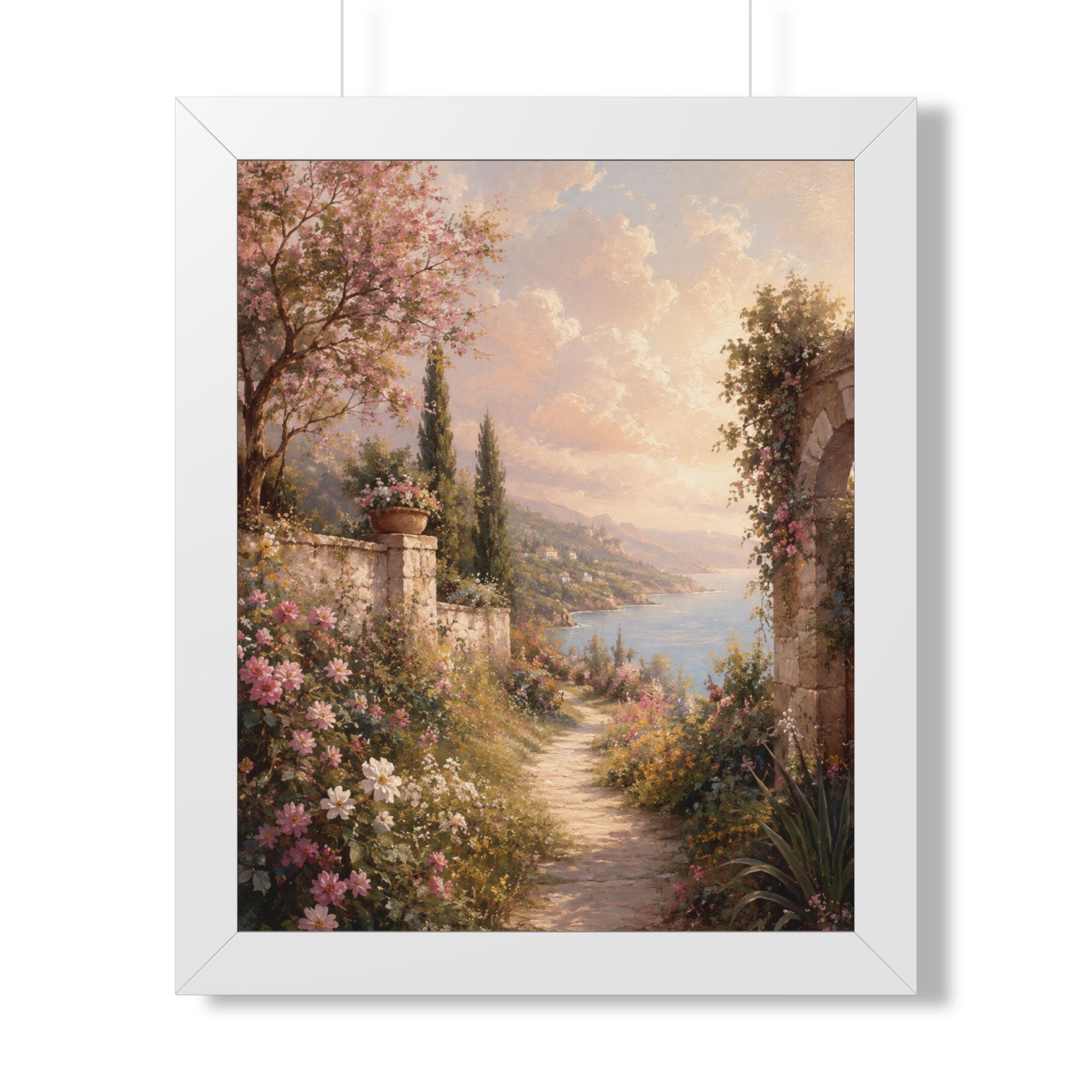 Mediterranean Garden Path Framed Vertical Poster | Coastal Landscape Wall Art