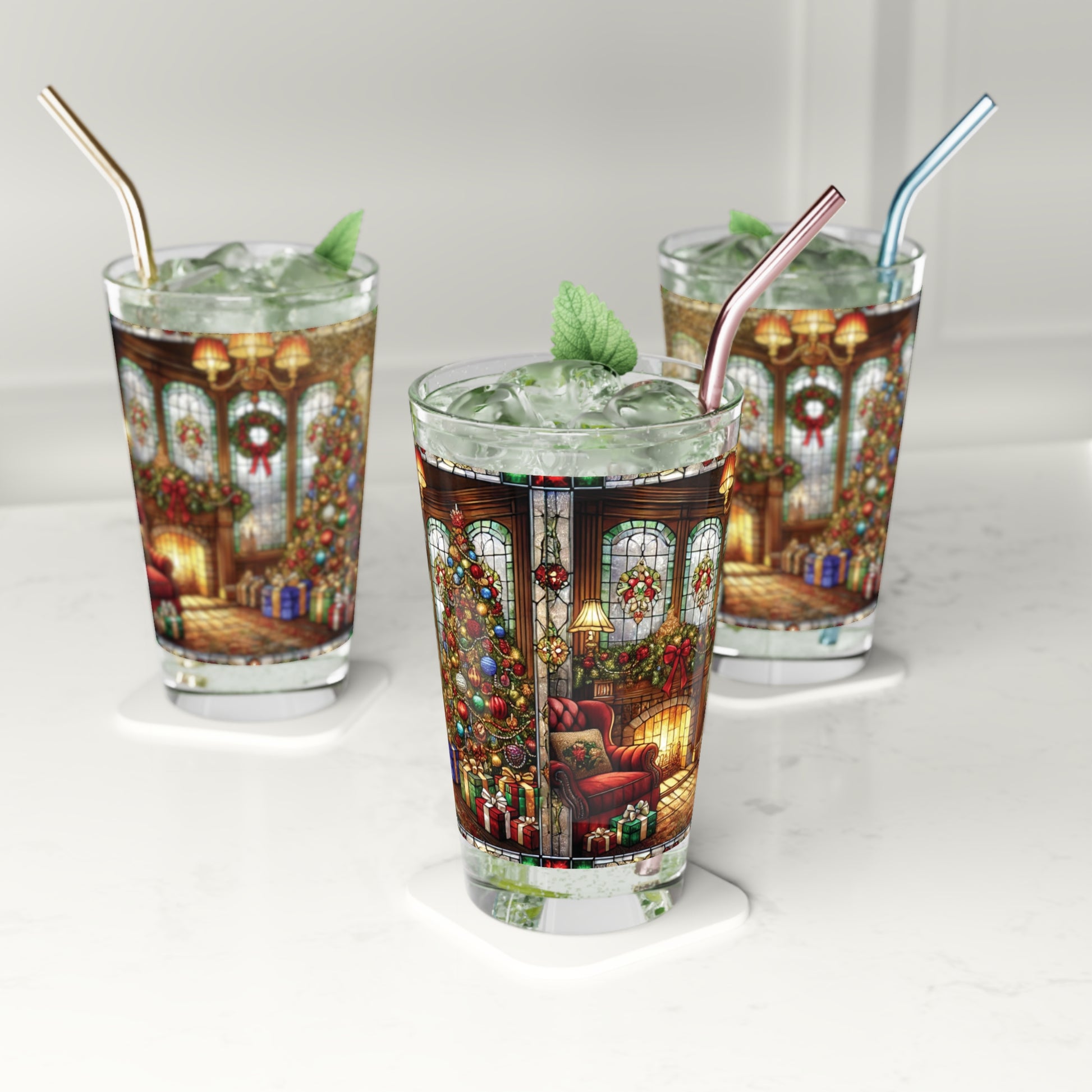 Stained Glass Illusion Christmas 16oz Pint Glass Festive Holiday Drinkware for Celebrations Parties Perfect Gift for Beer Lovers Home Entertaining Perfect for Parties - MRSBYVALLE