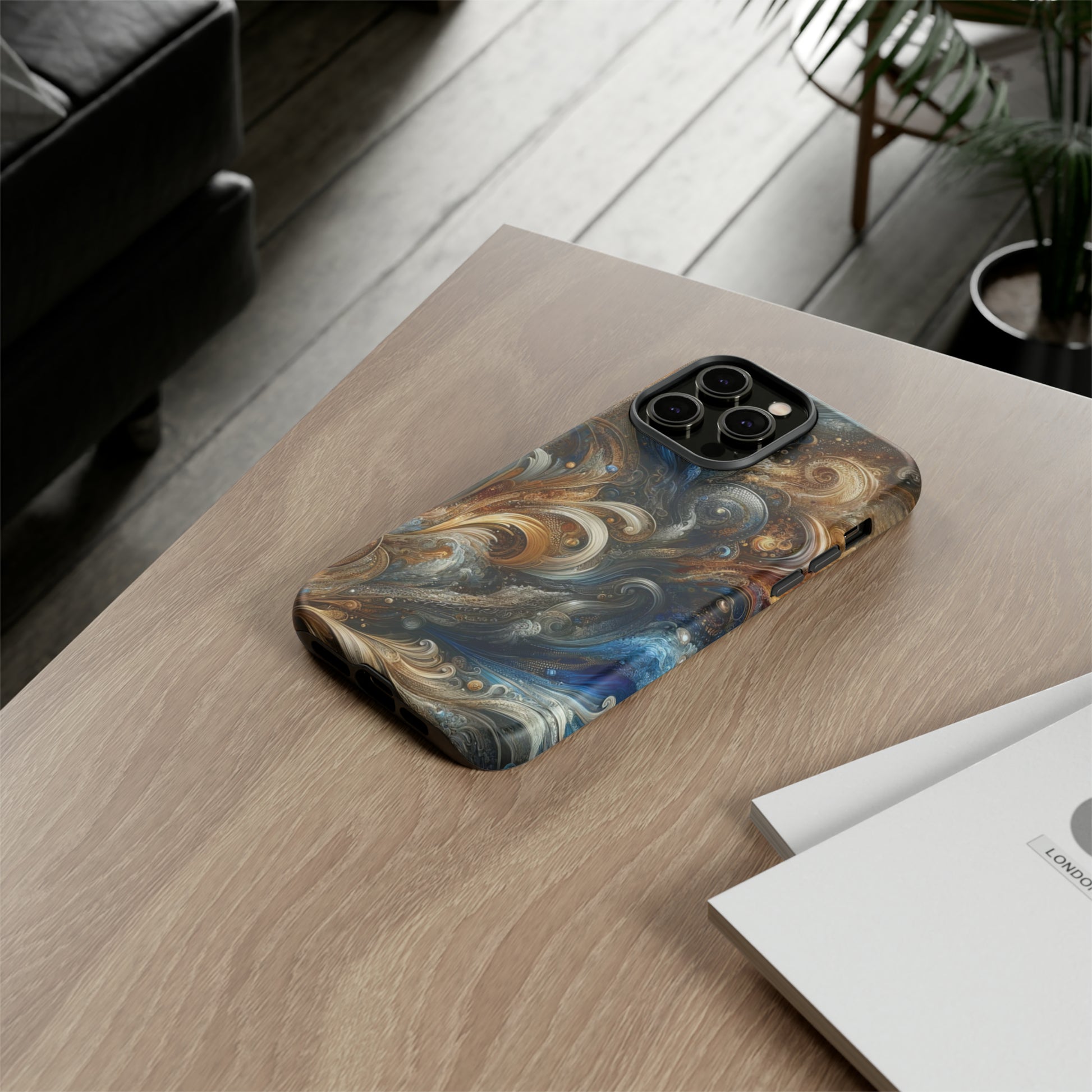 Gold and Navy Art Design Luxury Phone Tough Case Floral Elegant Durable Stylish for Modern Devices iPhone 15, Samsung iPhone Samsung Accessory Gift for Her.