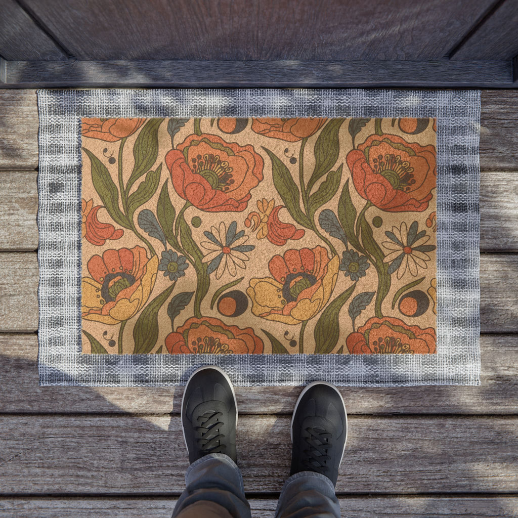 Retro Poppy Coir Doormat | Boho Floral Welcome Mat for Modern Entryways & Warm Home Vibes
