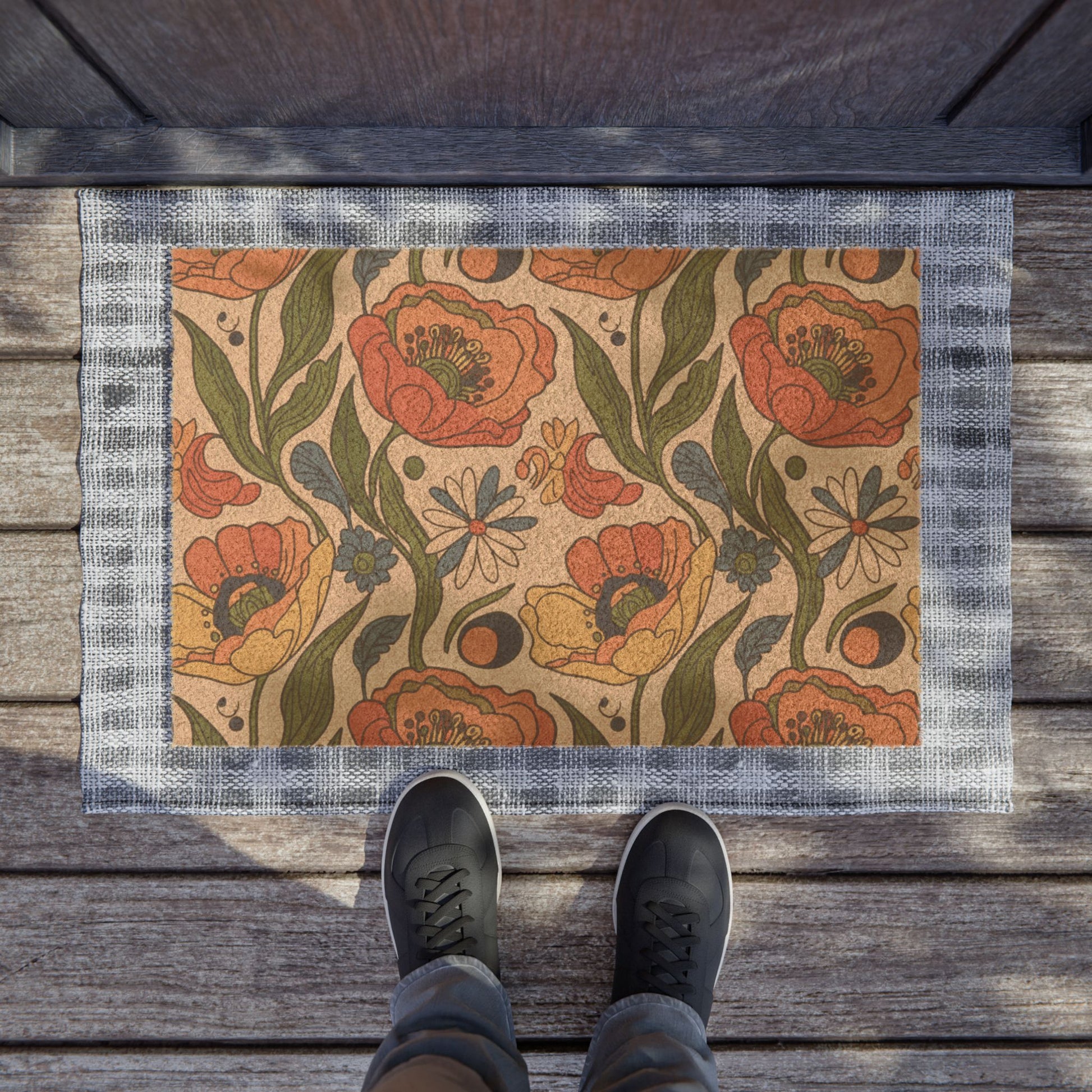 Retro Poppy Coir Doormat | Boho Floral Welcome Mat for Modern Entryways & Warm Home Vibes