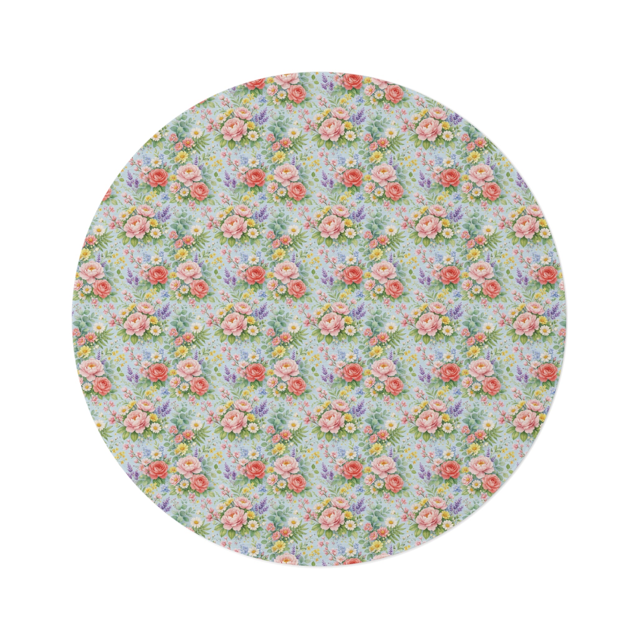 Icy Blue Watercolor Floral Round Rug — Soft Coastal Floral Accent Rug