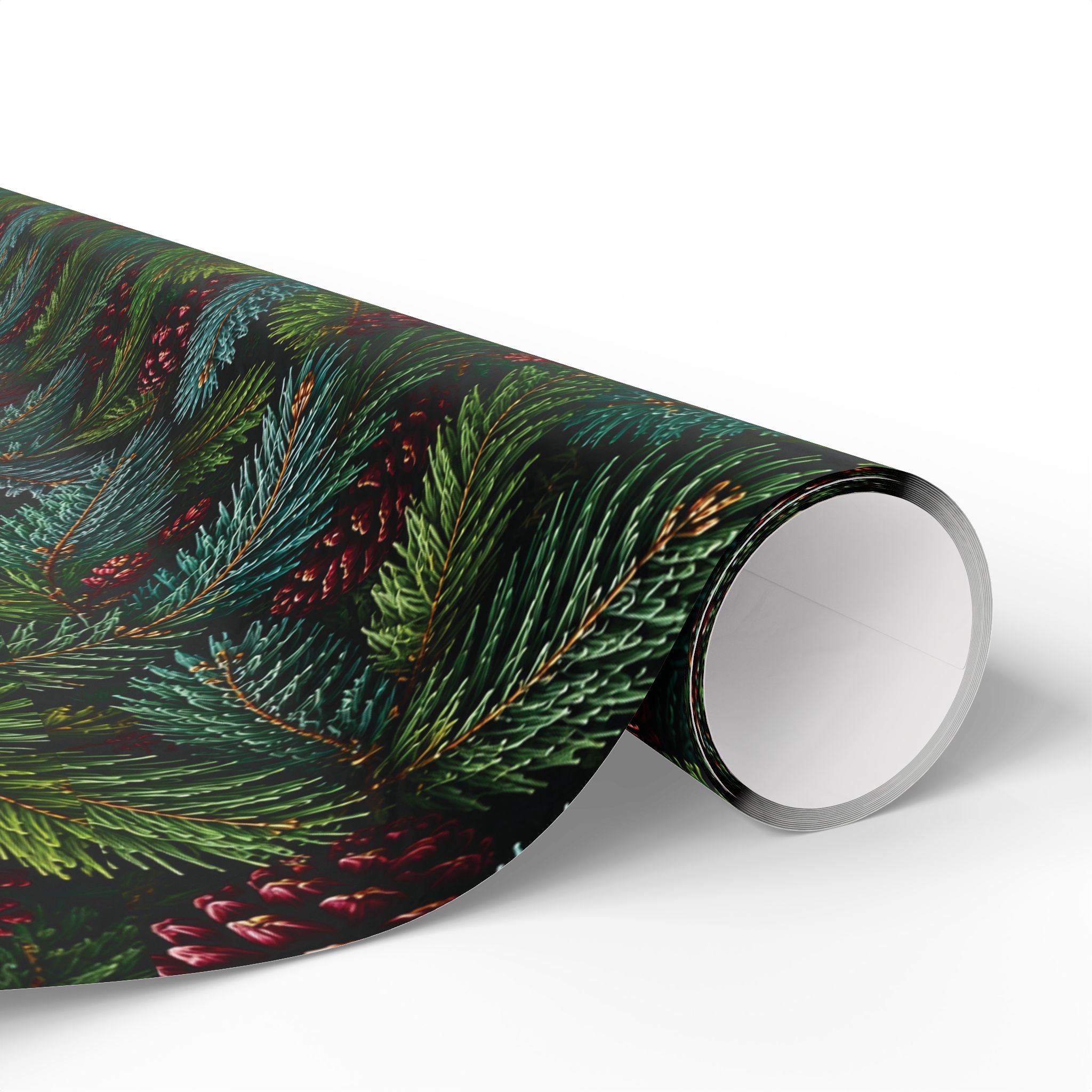 Vintage Colorado Spruce Gift Wrap Evergreen Pine & Burgundy Pinecone Christmas Wrapping Paper