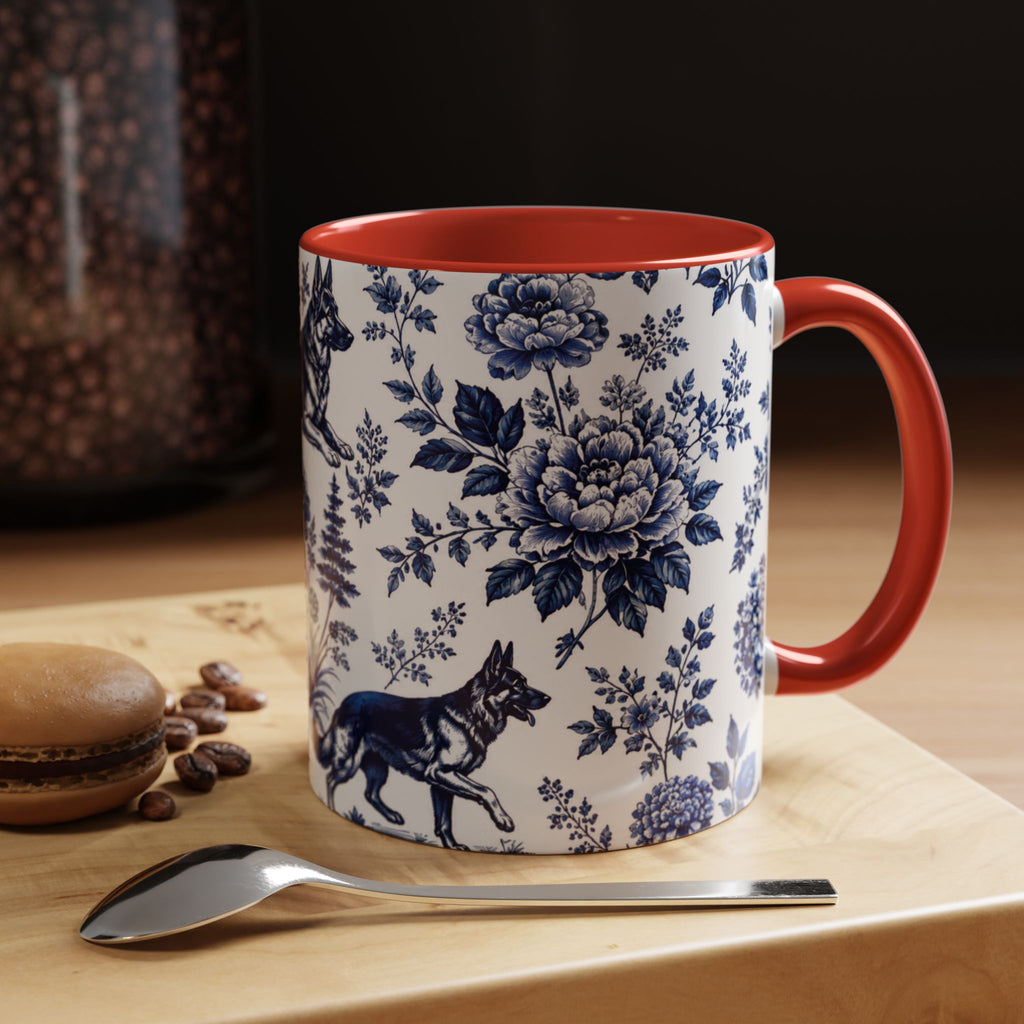 Elegant German Shepherd Floral Mug | Luxury Blue Toile Coffee Mug 11/15oz Accent Ceramic