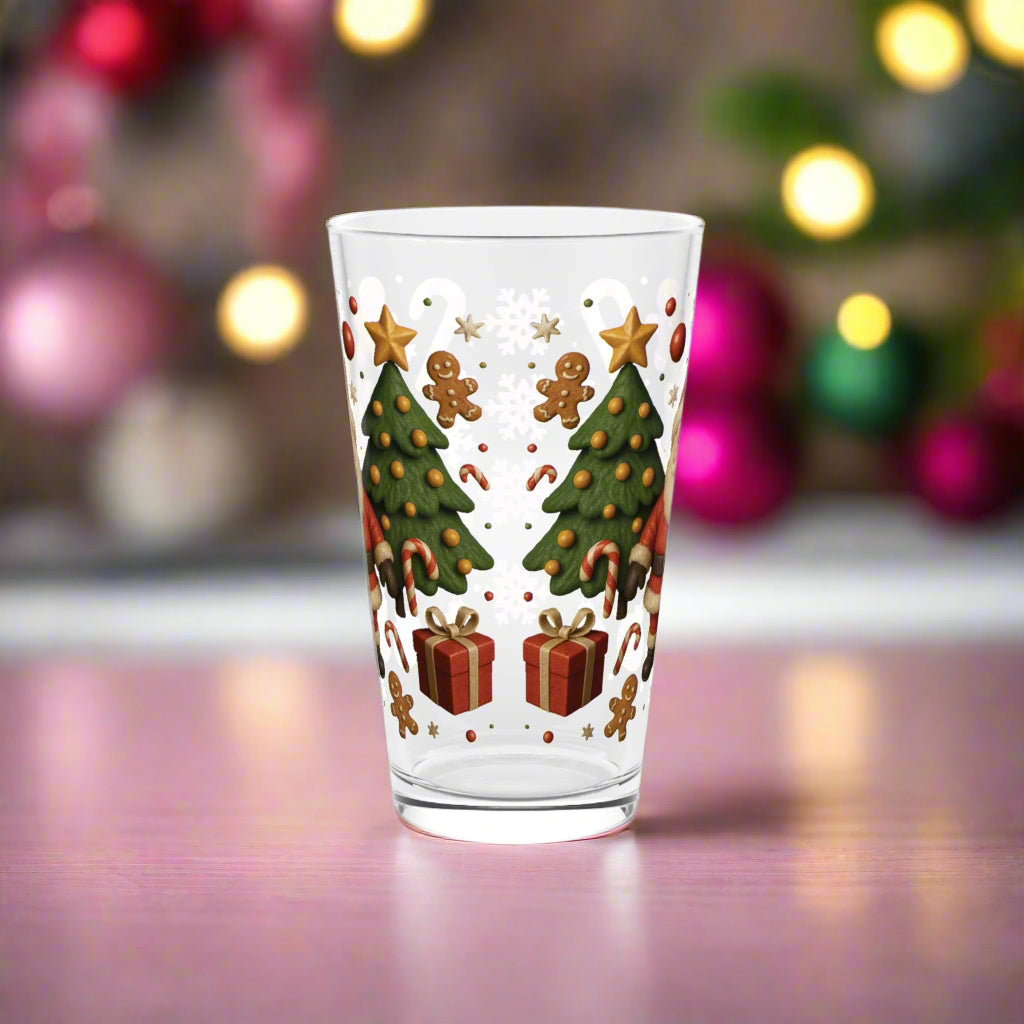 Santa & Christmas Tree Pint Glass  16oz Holiday Drinkware with Gifts, Candy Canes, Gingerbread, Ornaments – Perfect for Cocoa or Mocktails