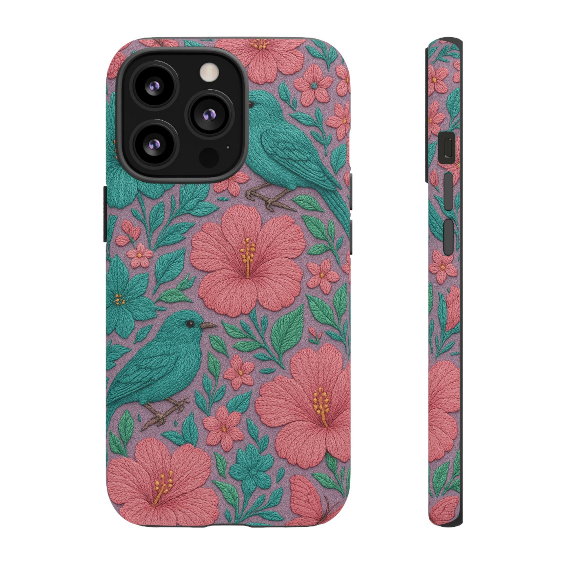Turquoise, Pink and Lavender 3D Embroidery Illusion Phone Case Tropical Flowers, Birds & Butterflies Cover with Bold, Realistic Floral Texture iPhone, Samsung