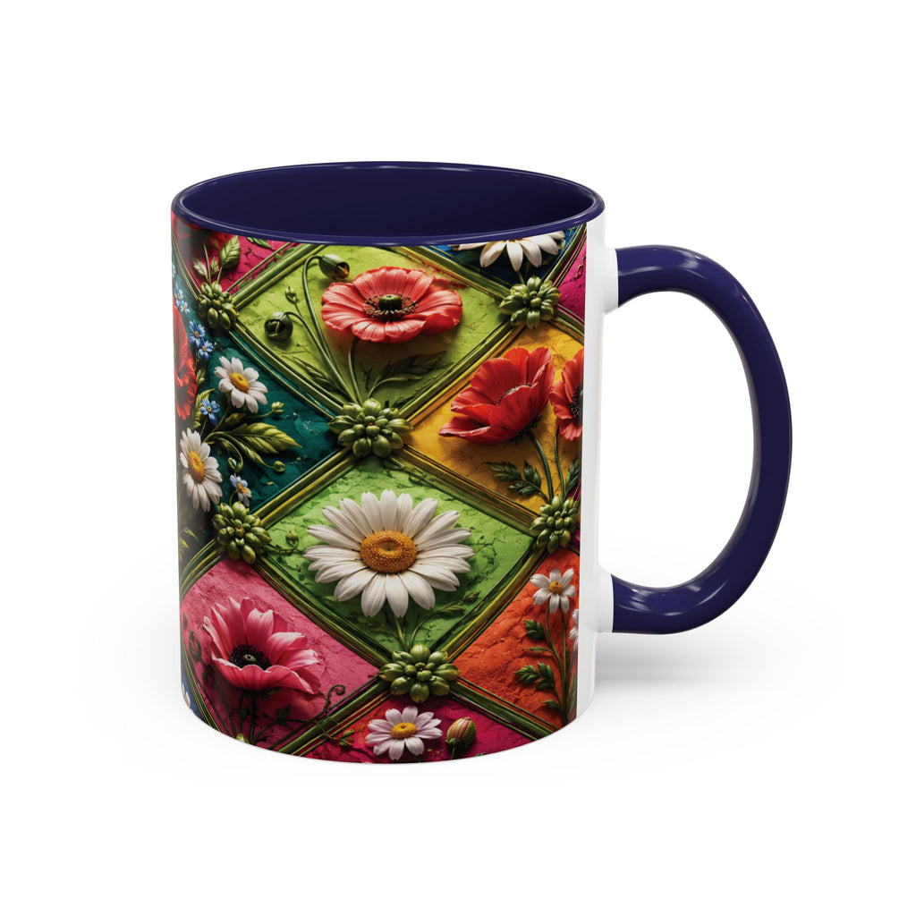 Floral Patchwork Accent Coffee Mug — Colorful Poppies & Daisies (11/15oz) 3D Illusion