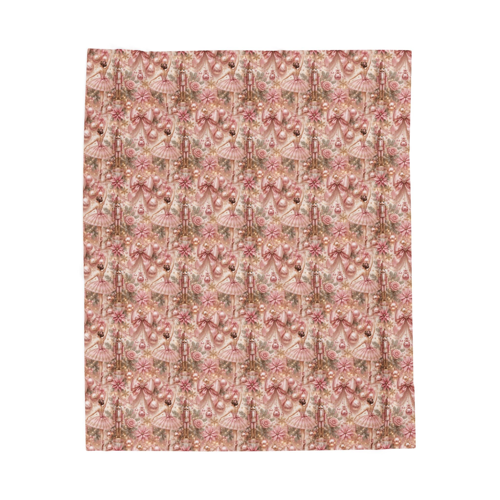 Velveteen Plush Blanket - Pink Ballerina and Nutcracker Bows Christmas