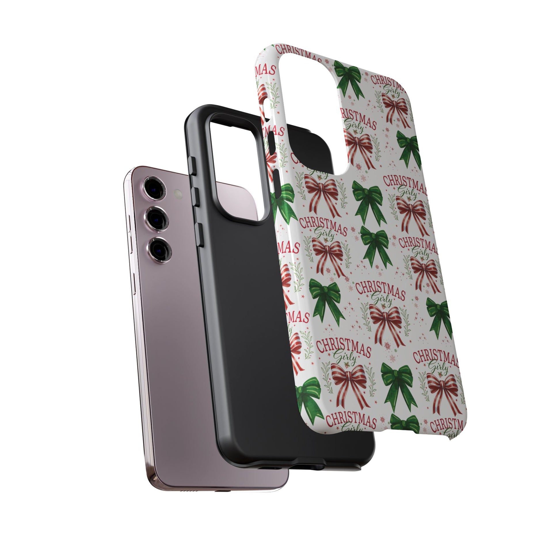 Girly Christmas Coquette Bows Pastel Phone Case for iPhone 17 16 15 23 Samsung, and Pixel | Stylish Protective Cover Gift for Her Perfect for Floral Lover