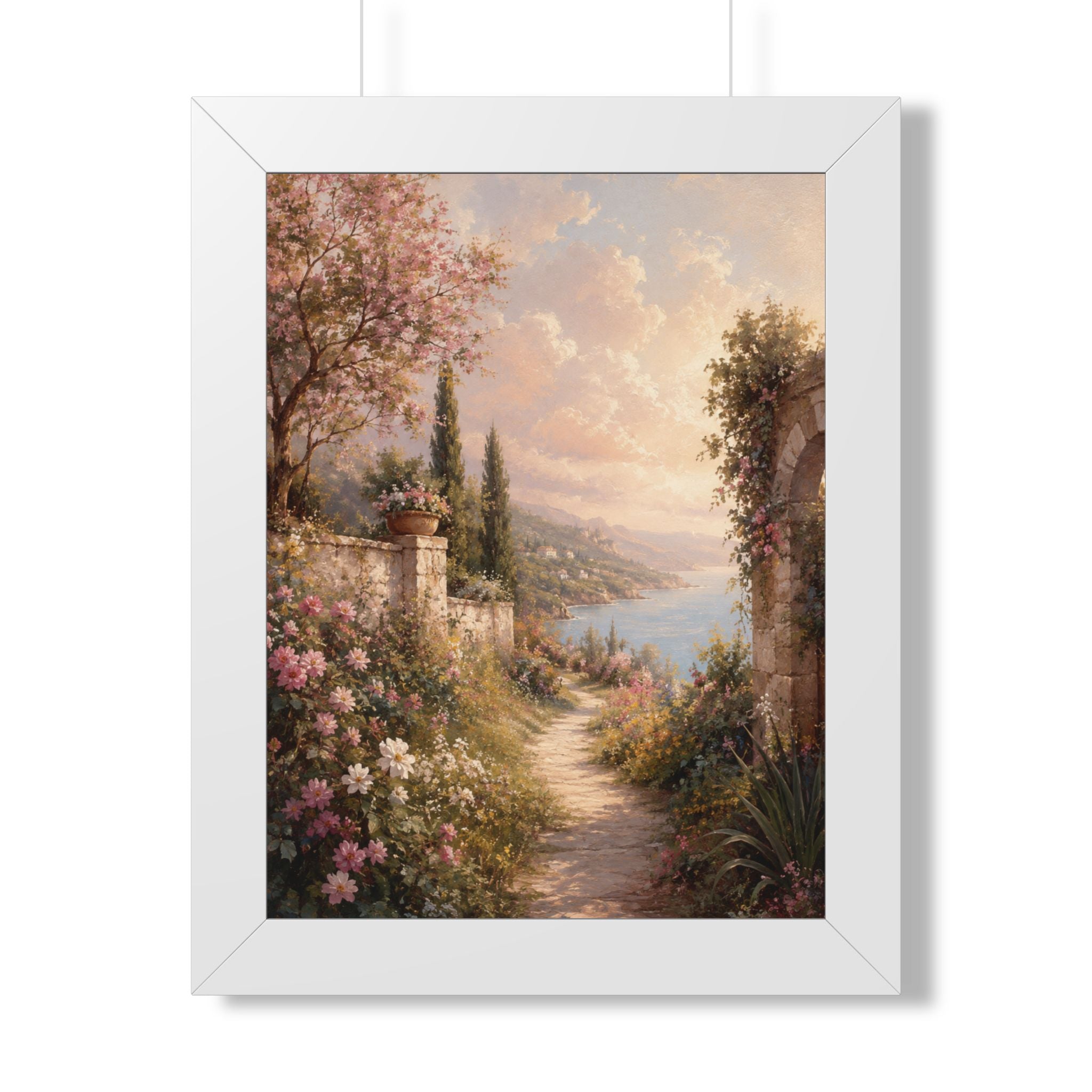 Mediterranean Garden Path Framed Vertical Poster | Coastal Landscape Wall Art