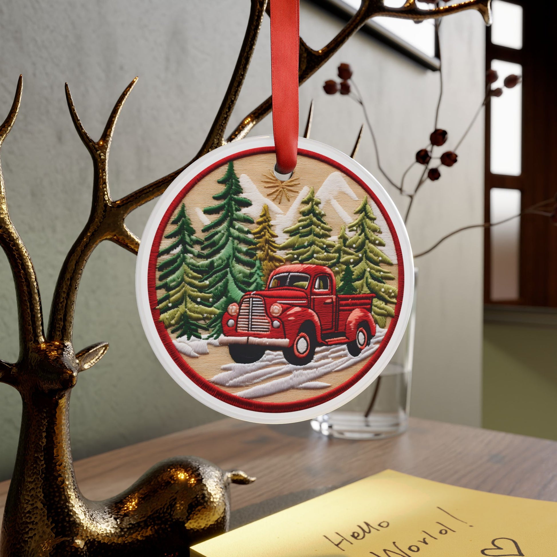 Christmas RED Pickup Ornament 3D Illusion Acrylic with Ribbon Festive Holiday Décor, Perfect Gift for Tree, Home, Office | Unique Christmas Decoration Holiday Keepsake Ideal for Tree Trimming and Gift Giving - MRSBYVALLE