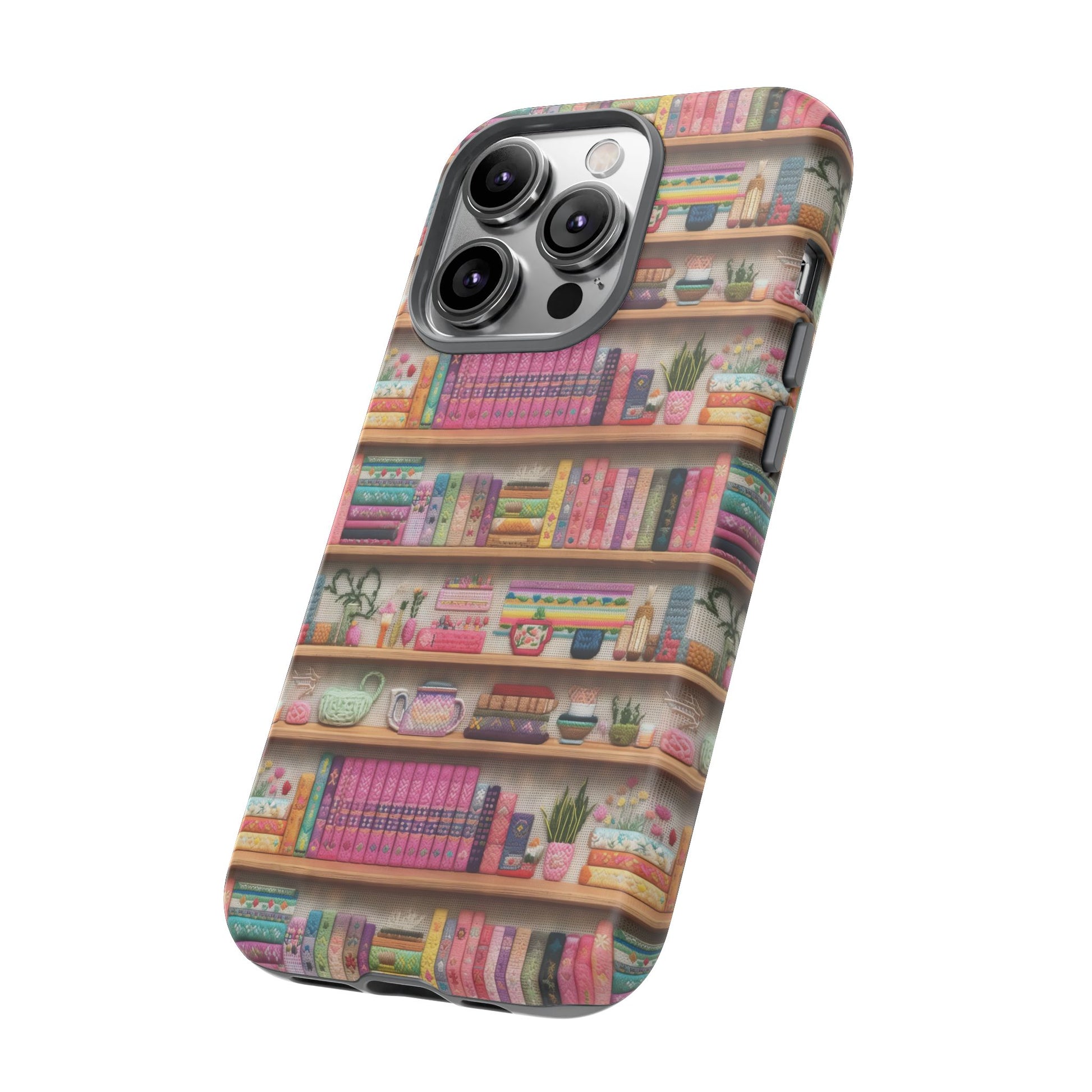 Whimsical 3D Embroidery Illusion Books on Pastel Shelves Phone Case for iPhone, Samsung & Pixel: Unique Accessory for Literary Enthusiasts Gift for Her Perfect for Floral Lover
