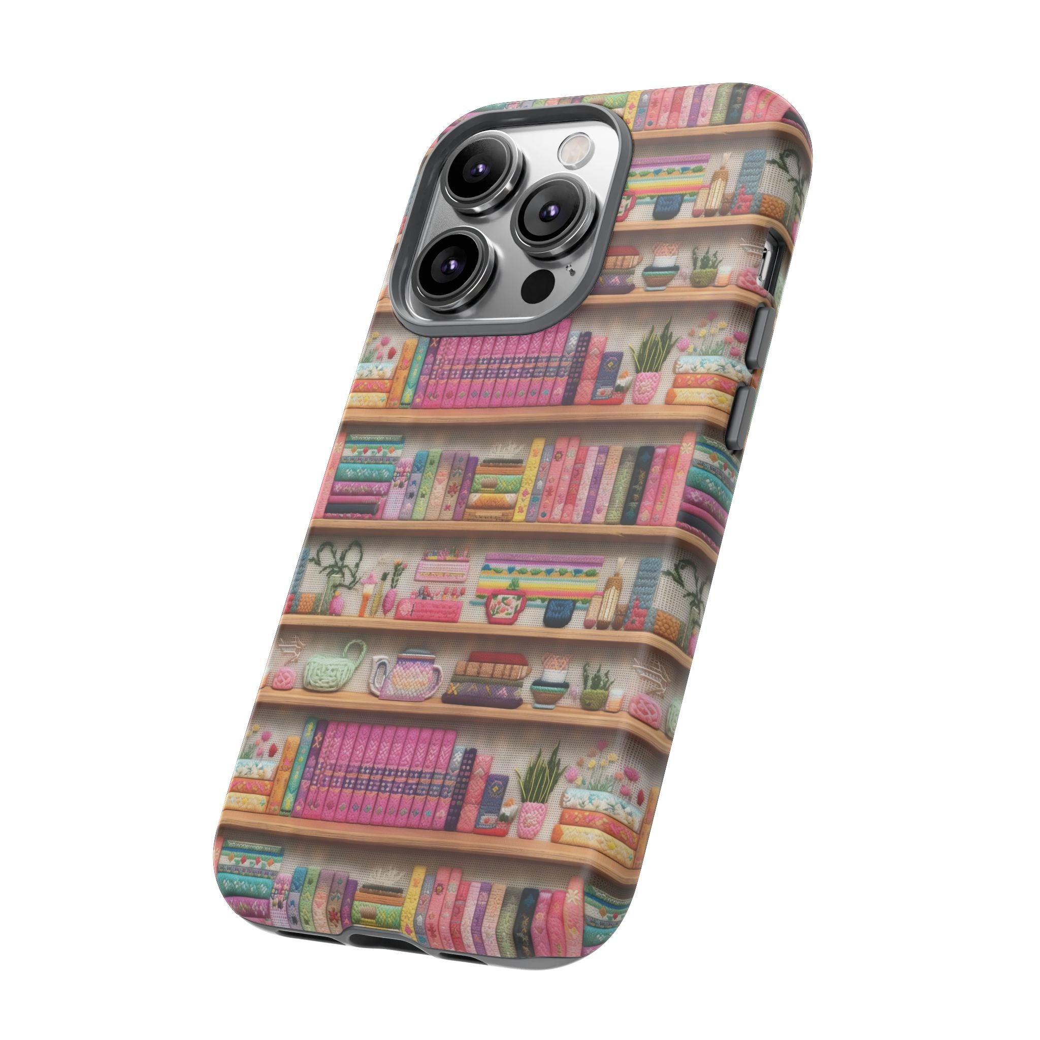 Whimsical 3D Embroidery Illusion Books on Pastel Shelves Phone Case for iPhone, Samsung & Pixel: Unique Accessory for Literary Enthusiasts Gift for Her Perfect for Floral Lover