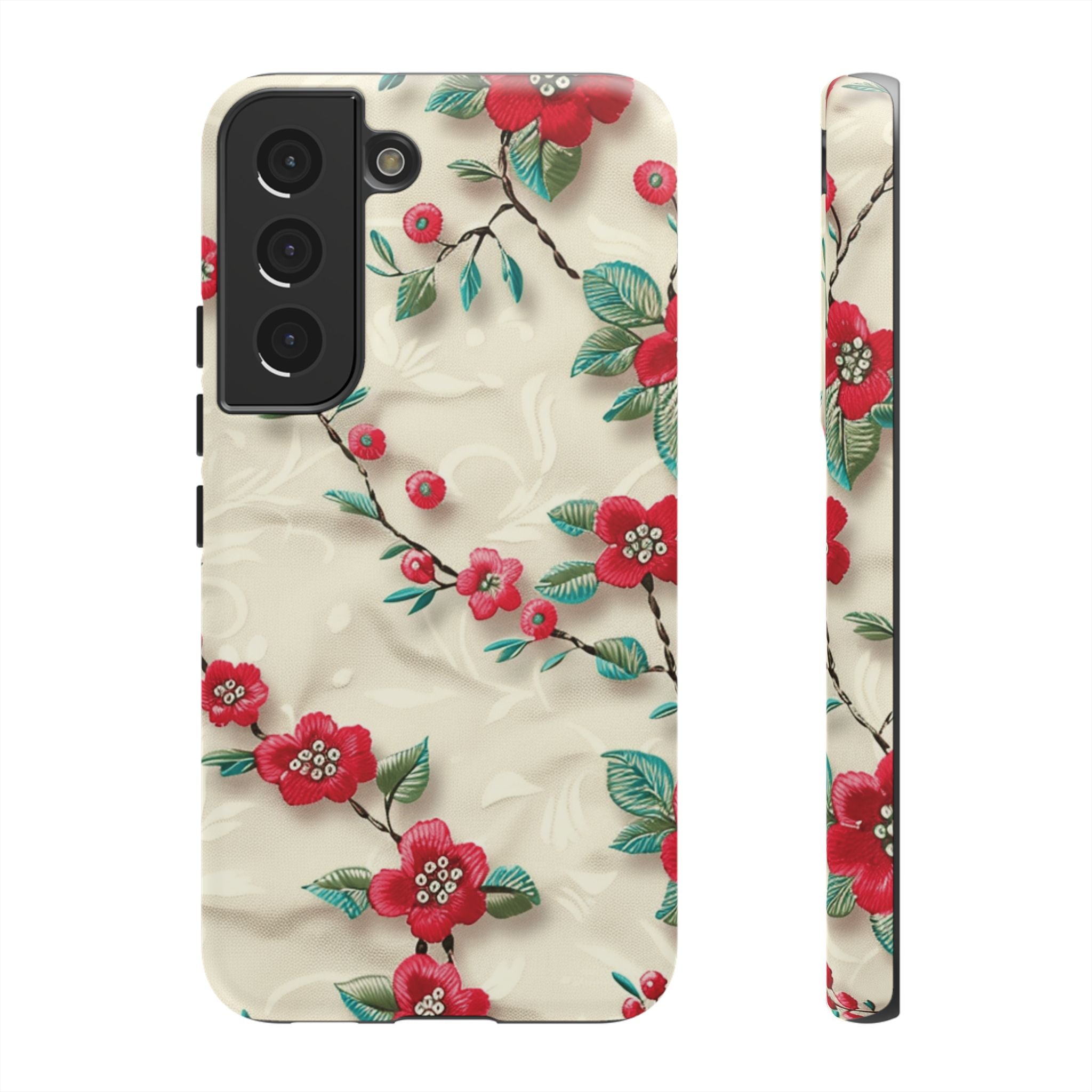 3D Embroidery Illusion Red Flowers Phone Case for iPhone, Samsung Pixel Artistic Floral Protection 15 14 13 12, 21 23 Gift for Her Perfect for Floral Lover