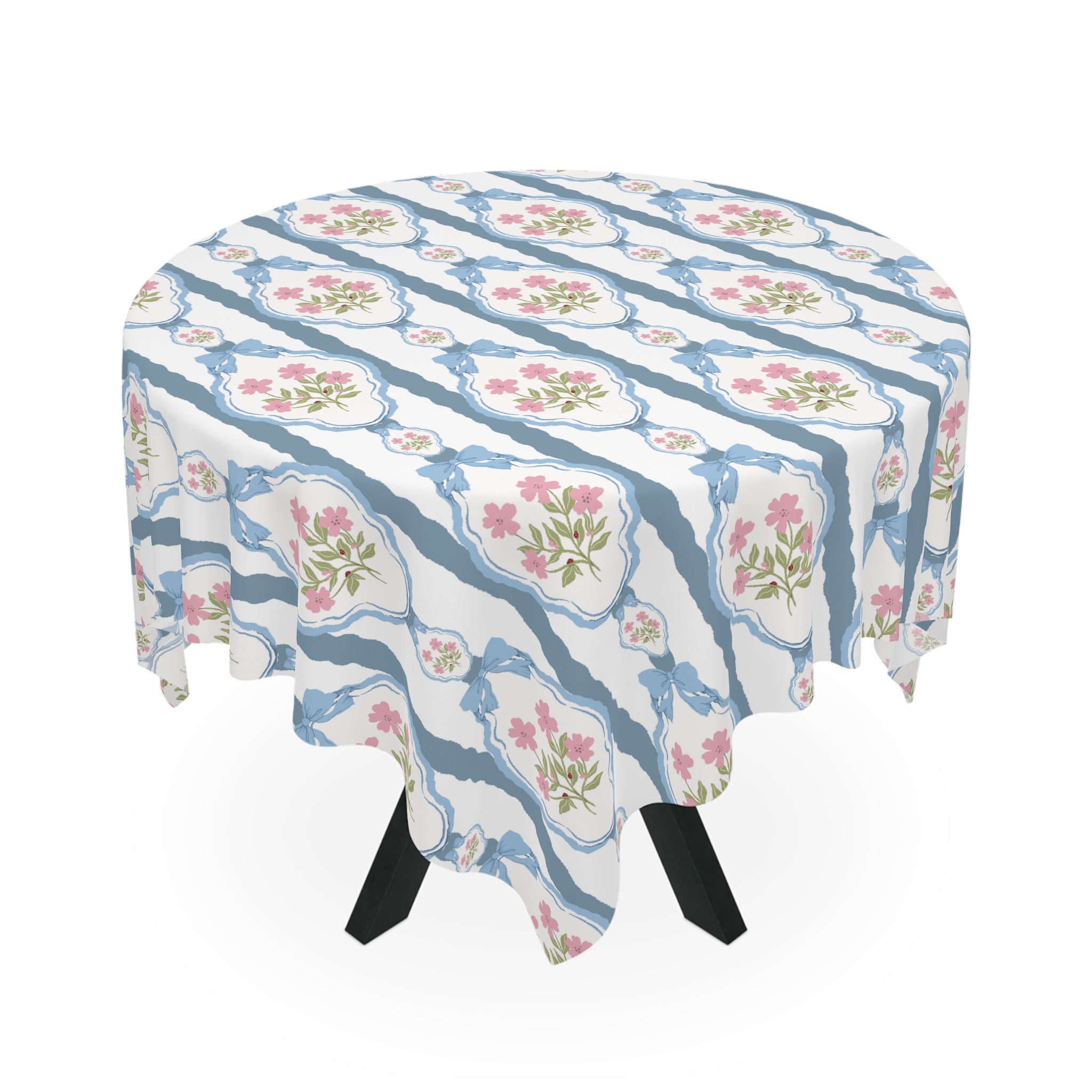 Vintage Blue and Pink Bow Tablecloth — Romantic Floral Table Linen