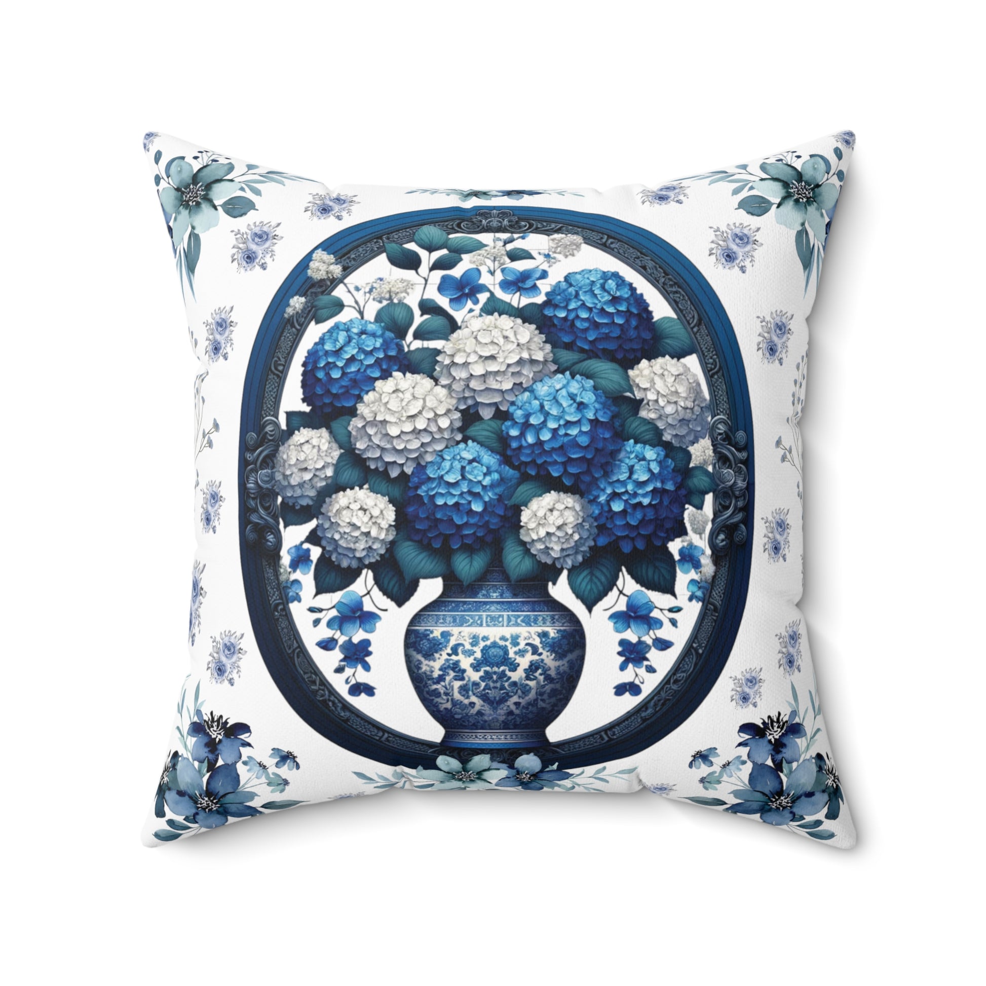 Square Pillow Vintage Chinoiserie Hydrangeas Square Pillow: Elegant Blue White Victorian Frame Ideal for Luxurious Home Decor Comfort for Living Room, Bedroom or Housewarming Gift New House, Bridal Shower Gift.