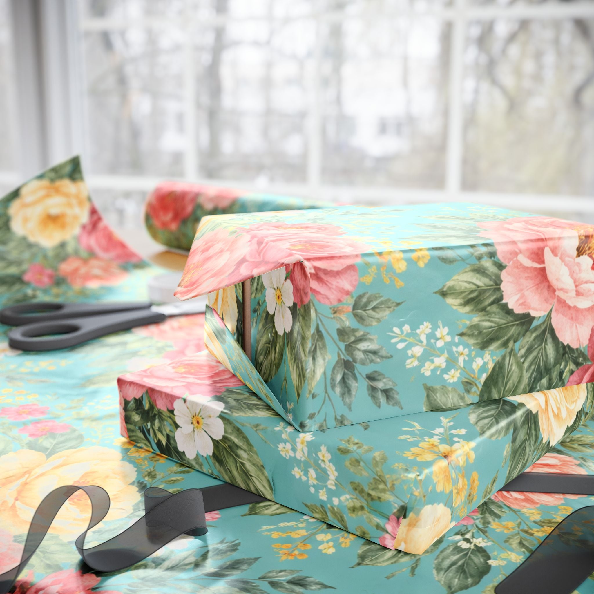 Turquoise Botanical Wrapping Paper — Signature Floral Gift Wrap for Weddings & Birthdays