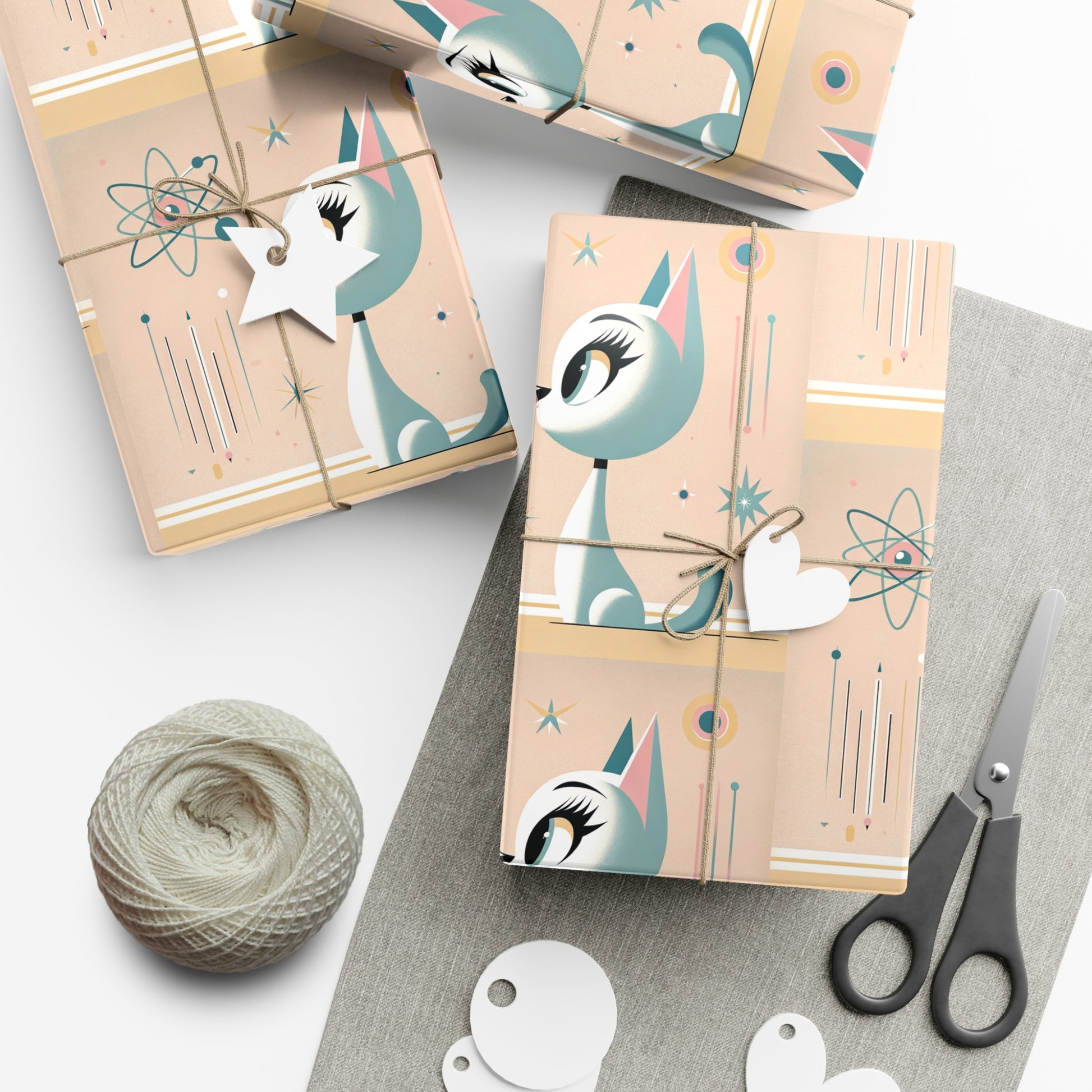Atomic Pastel Cat 3D Illusion Wrapping Paper Cat Lover Gift Wrap it's Perfect for Weddings, Bridal & Baby Showers Eco-Friendly, Vibrant Design in Matte/Satin, All Occasion.