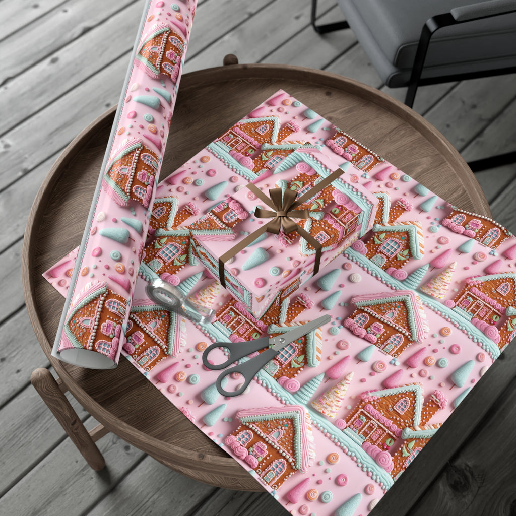 3D Clay Illusion Pink Gingerbread House Wrapping Paper Festive, Playful, and Perfect for Adding a Sweet Touch to Your Holiday Gifts Moms - MRSBYVALLE
