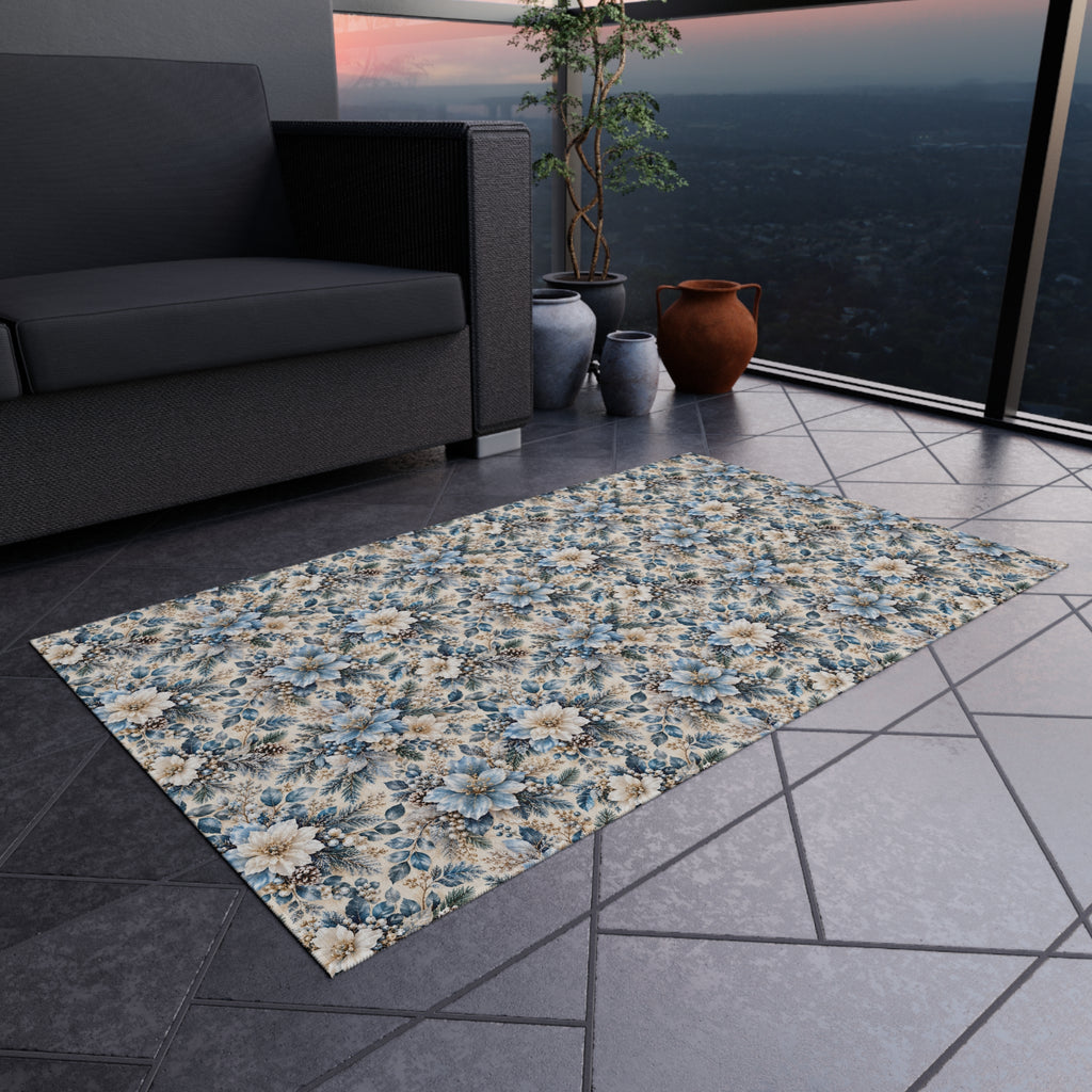 Icy Blue Floral Outdoor Patio Rug