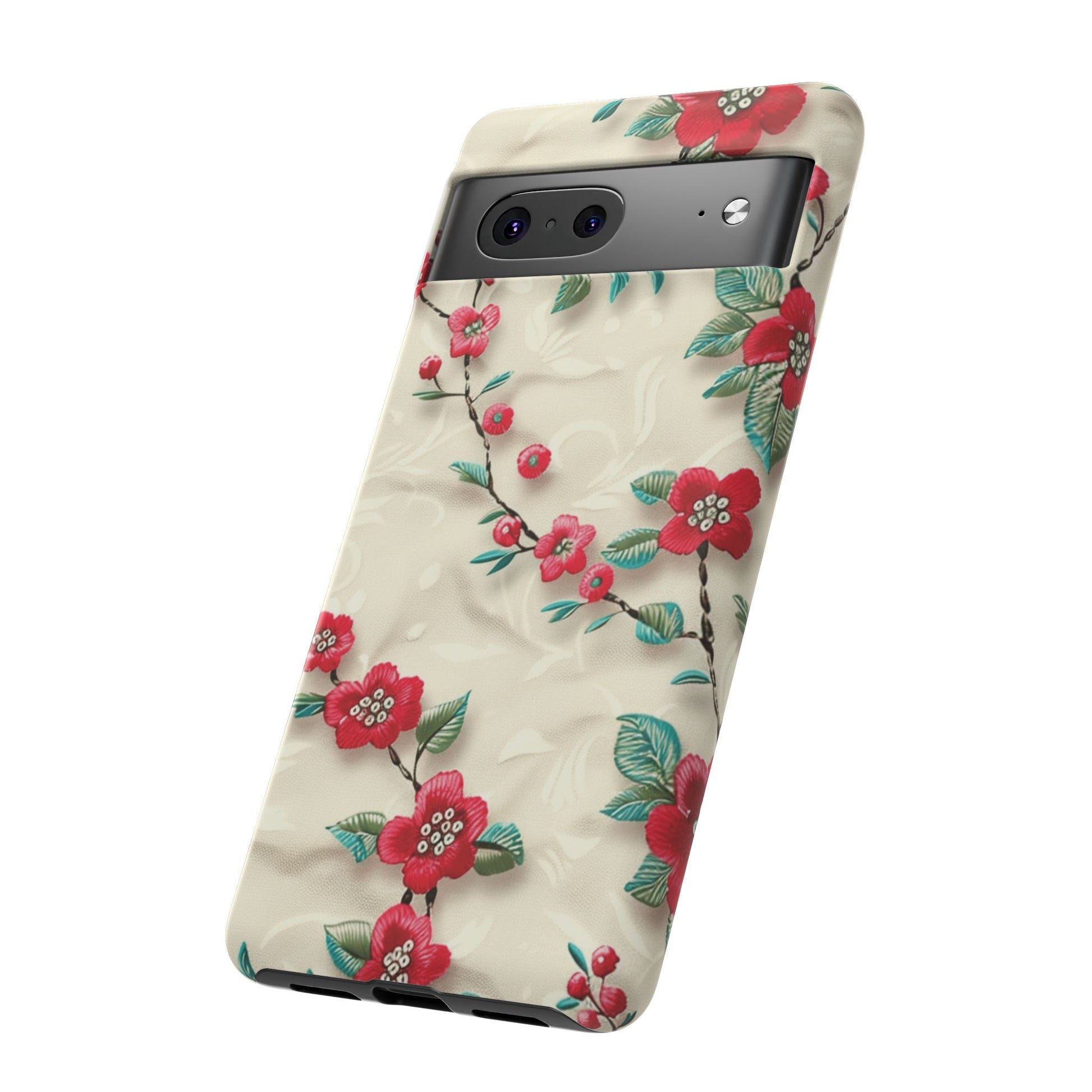 3D Embroidery Illusion Red Flowers Phone Case for iPhone, Samsung Pixel Artistic Floral Protection 15 14 13 12, 21 23 Gift for Her Perfect for Floral Lover