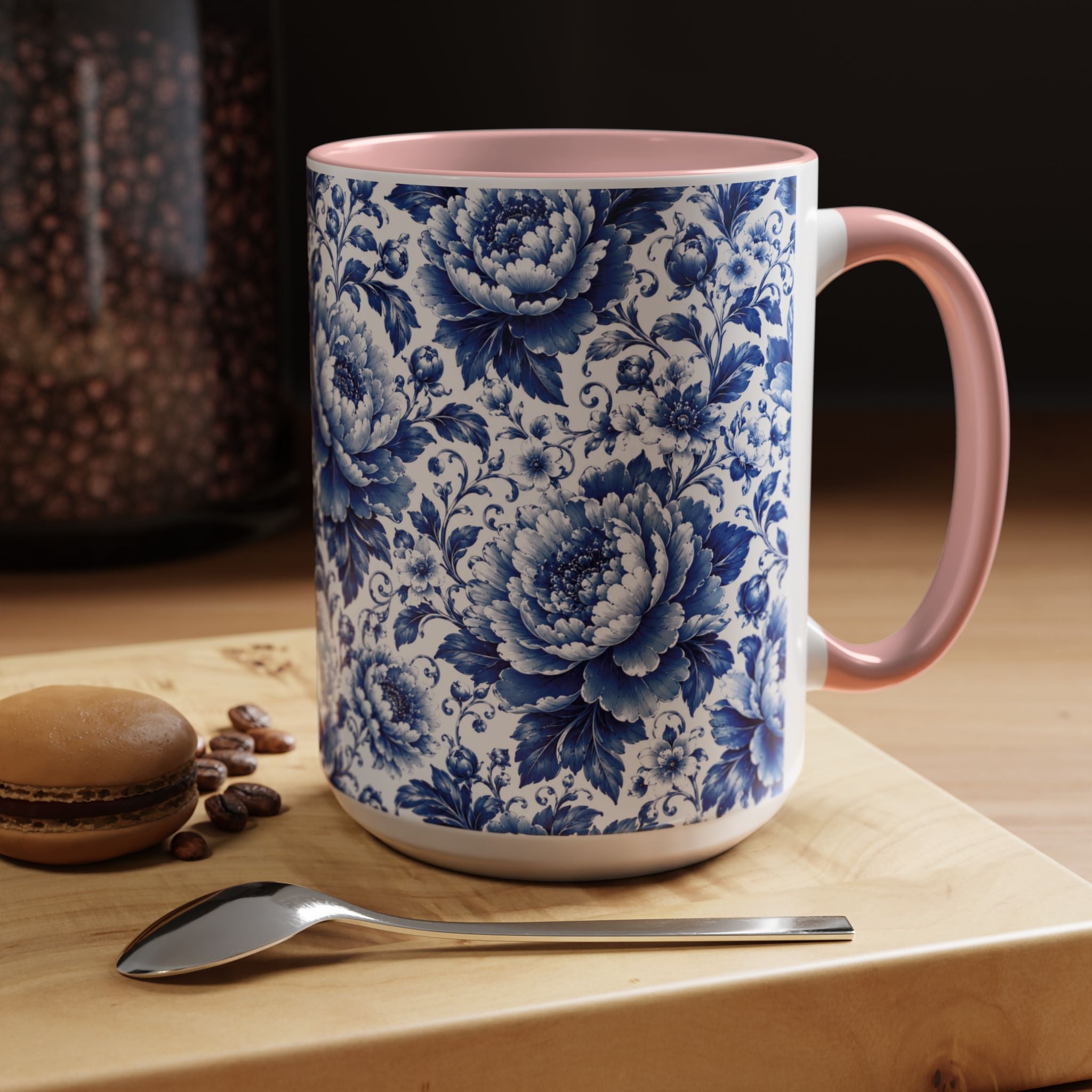 Blue Floral Ceramic Coffee Mug — Vintage Delft Peony Accent (11oz & 15oz) Blue & White Chinoiserie Tea Mug