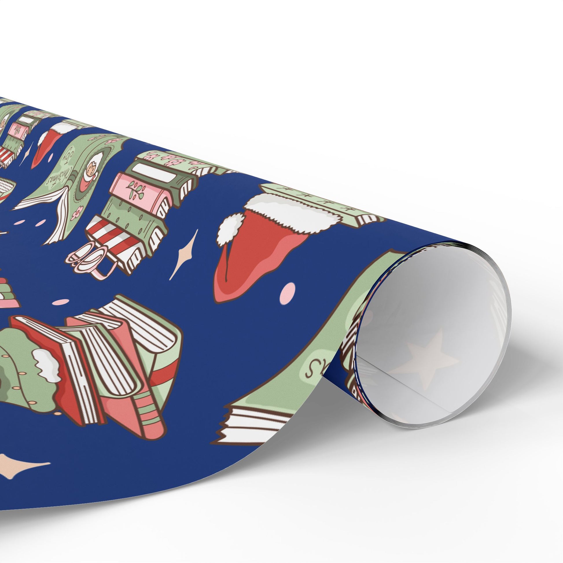 Wrapping Papers Royal Blue Christmas Books and Coffee Design Holiday Gift Wrap