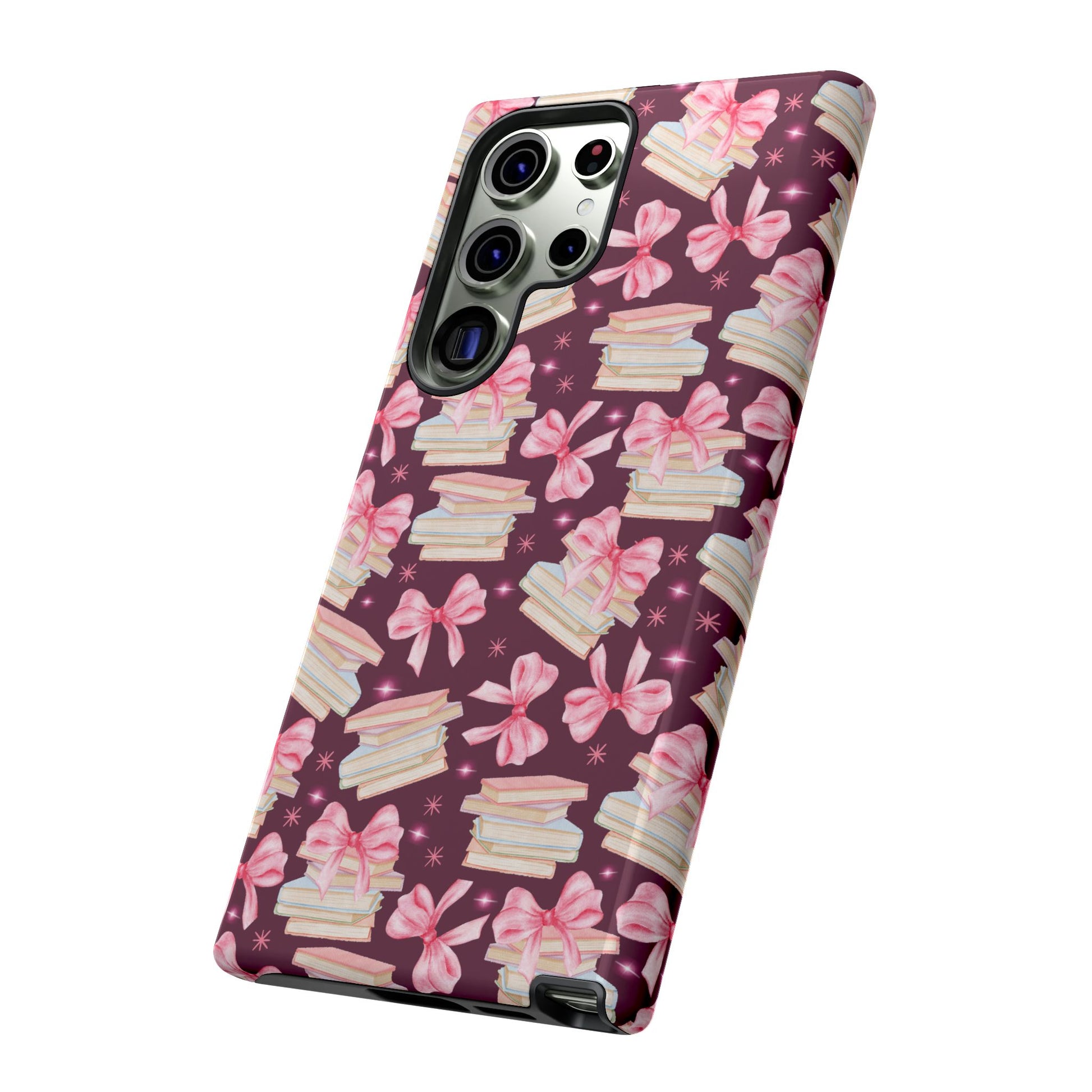 Coquette Pink Bows & Books Phone Case for iPhone 17 and Samsung, Pixel | Stylish Protective Cover Gift for Her Perfect for Floral Lover