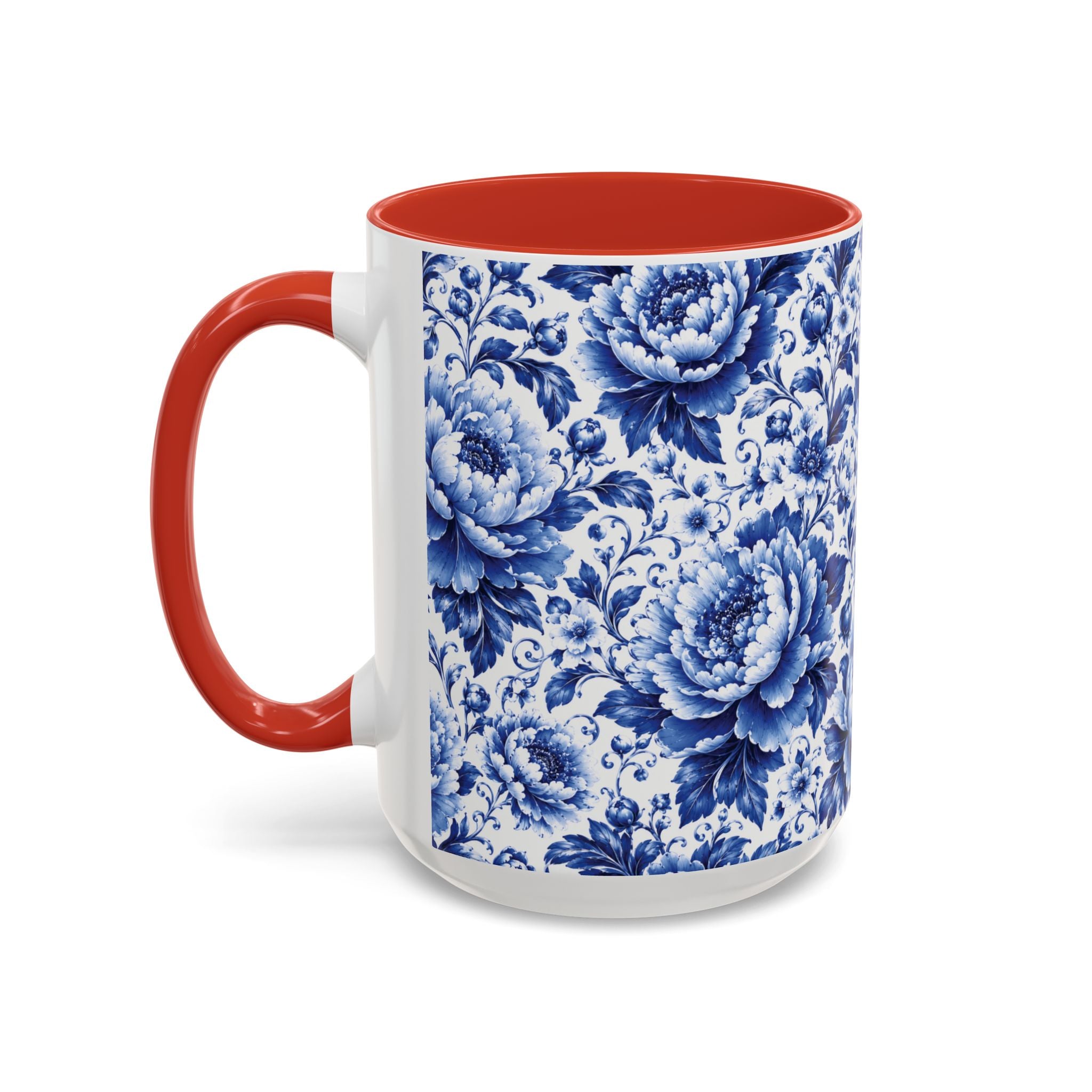 Blue Floral Ceramic Coffee Mug — Vintage Delft Peony Accent (11oz & 15oz) Blue & White Chinoiserie Tea Mug