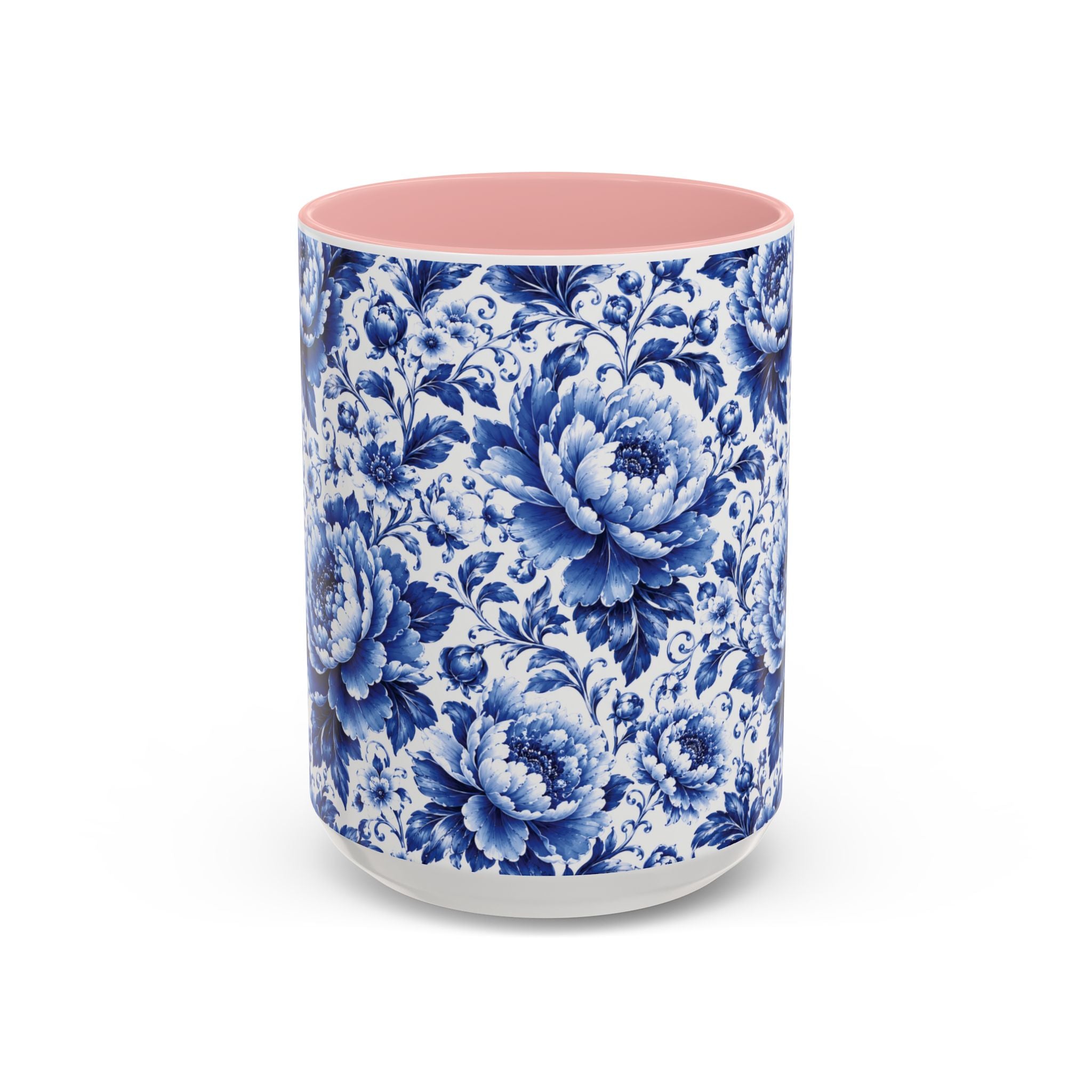 Blue Floral Ceramic Coffee Mug — Vintage Delft Peony Accent (11oz & 15oz) Blue & White Chinoiserie Tea Mug