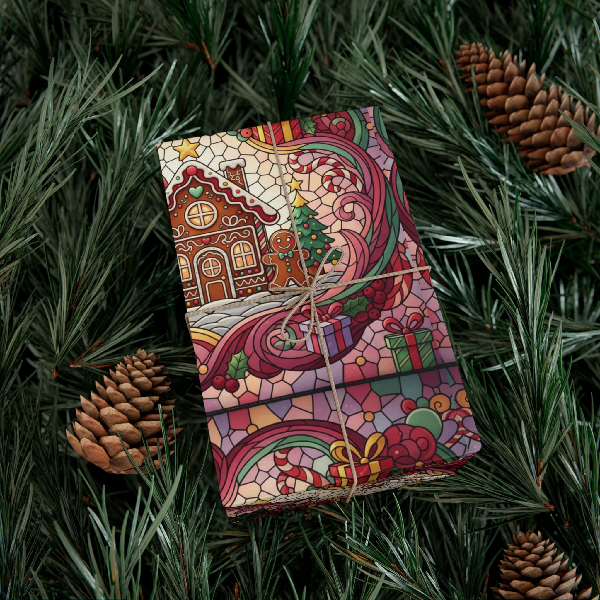Stained Glass Gift Wrap Papers, Gingerbread House and Family Design - Wrapping Sheets, Festive Holiday Craft Supplies, Christmas Decoration