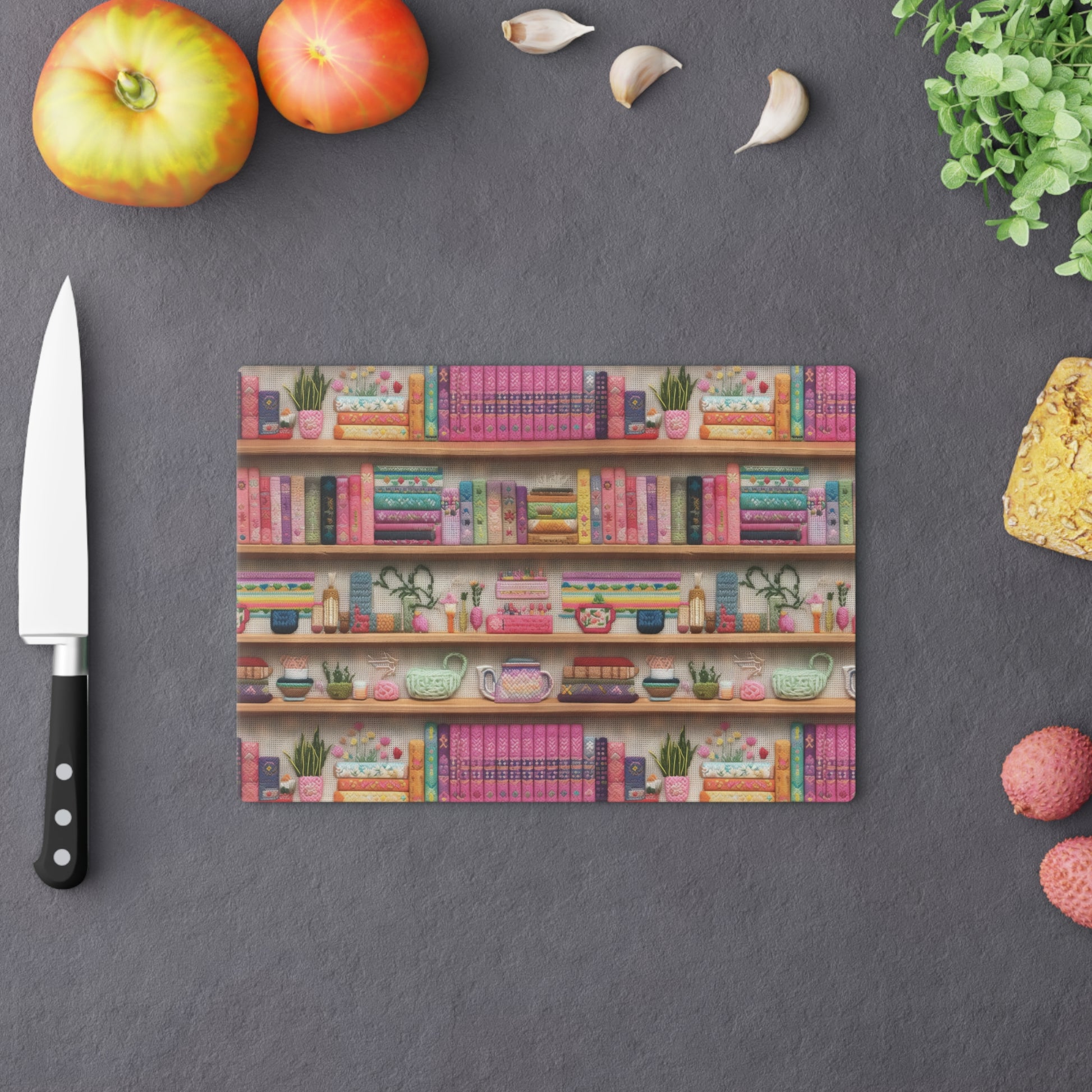 Charming 3D Embroidery Illusion Books on Pastel Shelves Glass Cutting Board Perfect for Book Lovers' Kitchens Cooking Kitchen Decor Housewarming, New House Gift - MRSBYVALLE