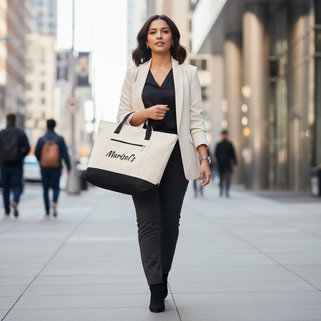 Beige tote bag with black accents and 'Marisol's' branding on a white background