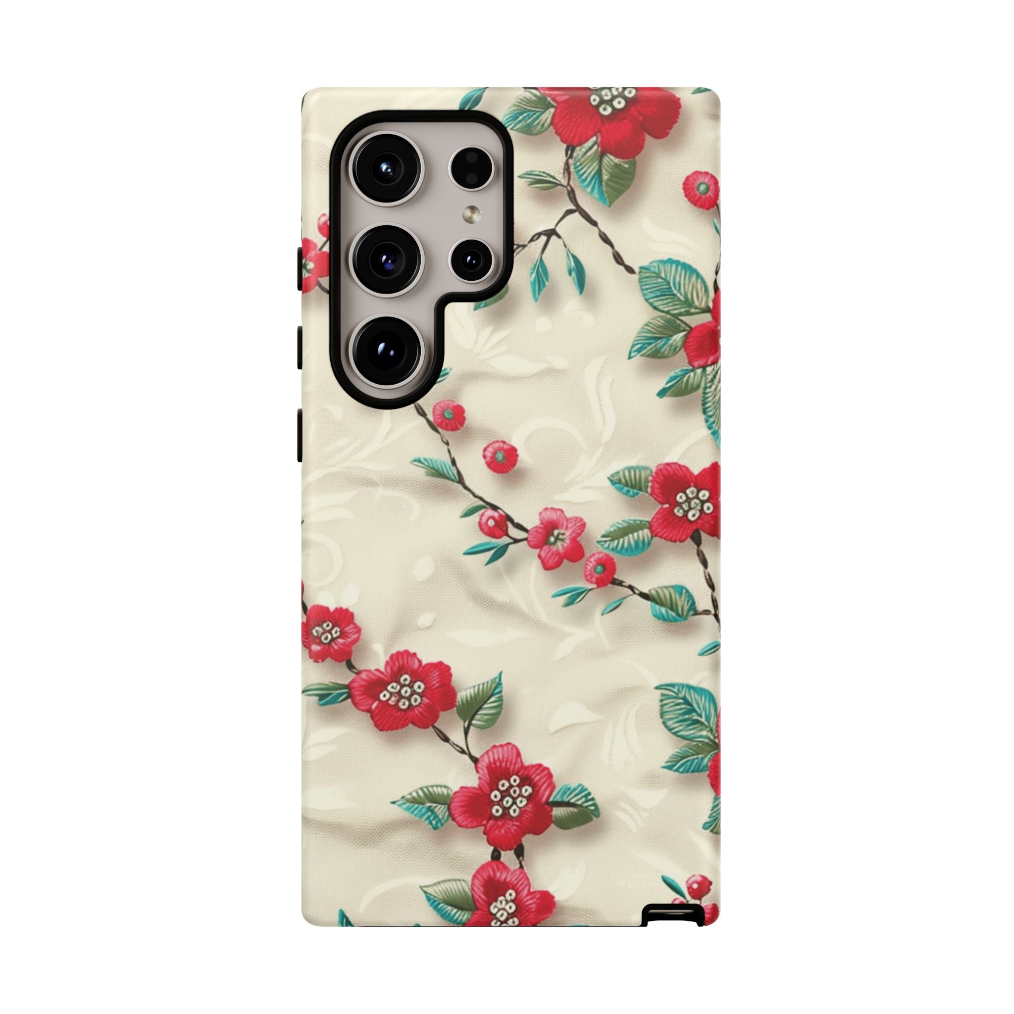 3D Embroidery Illusion Red Flowers Phone Case for iPhone, Samsung Pixel Artistic Floral Protection 15 14 13 12, 21 23 Gift for Her Perfect for Floral Lover