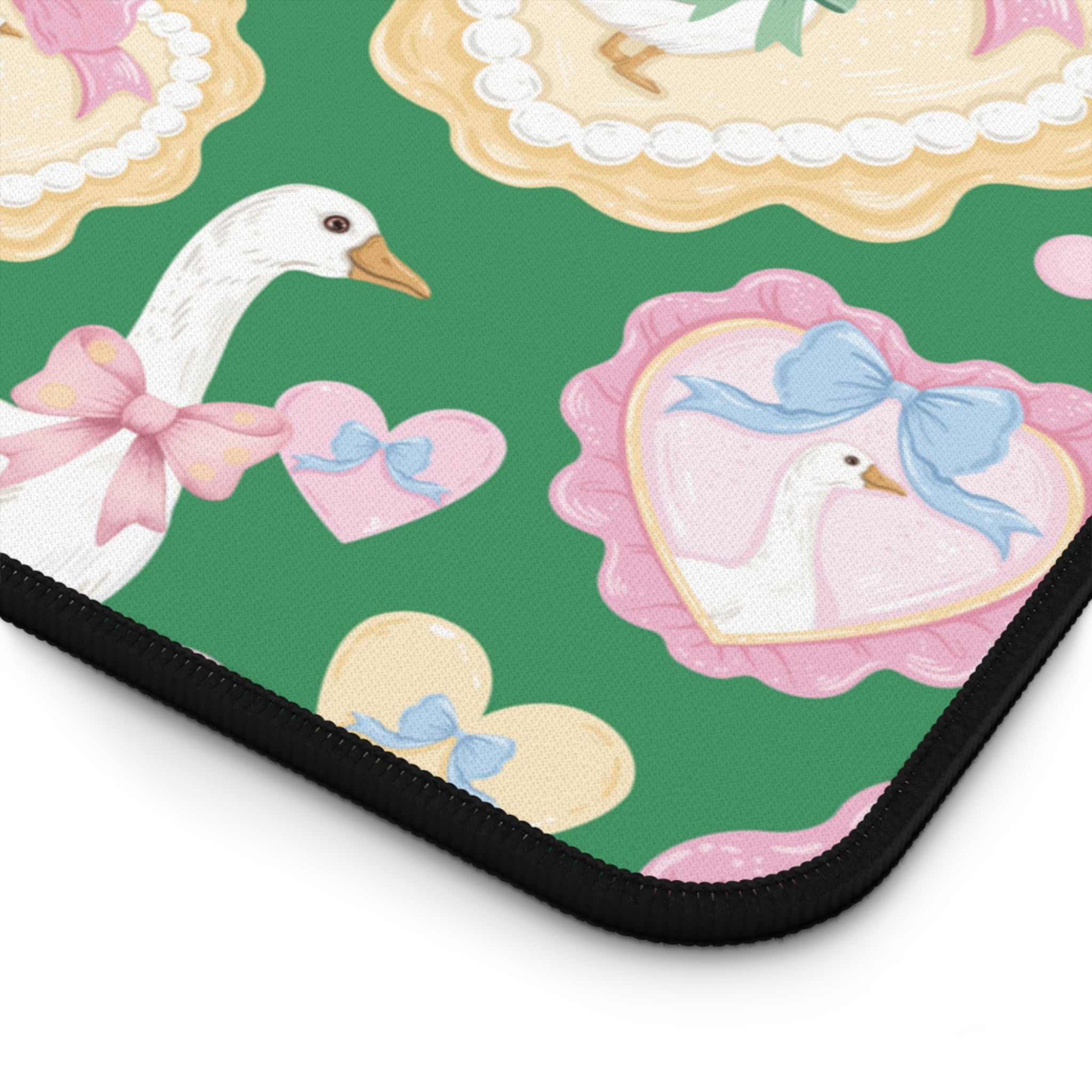 Silly Goose Green Desk Mat with Pastel Bows & Hearts Cozy & Stylish Desk Protector Desk Pad