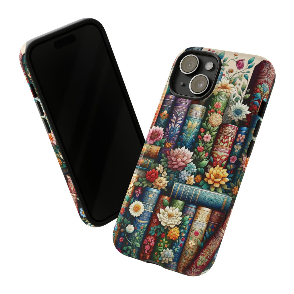 Books and Floral Boho Luxury Phone Tough Case Floral Elegant Durable Stylish for Modern Devices iPhone 15, Samsung iPhone Samsung Accessory Gift for Her.