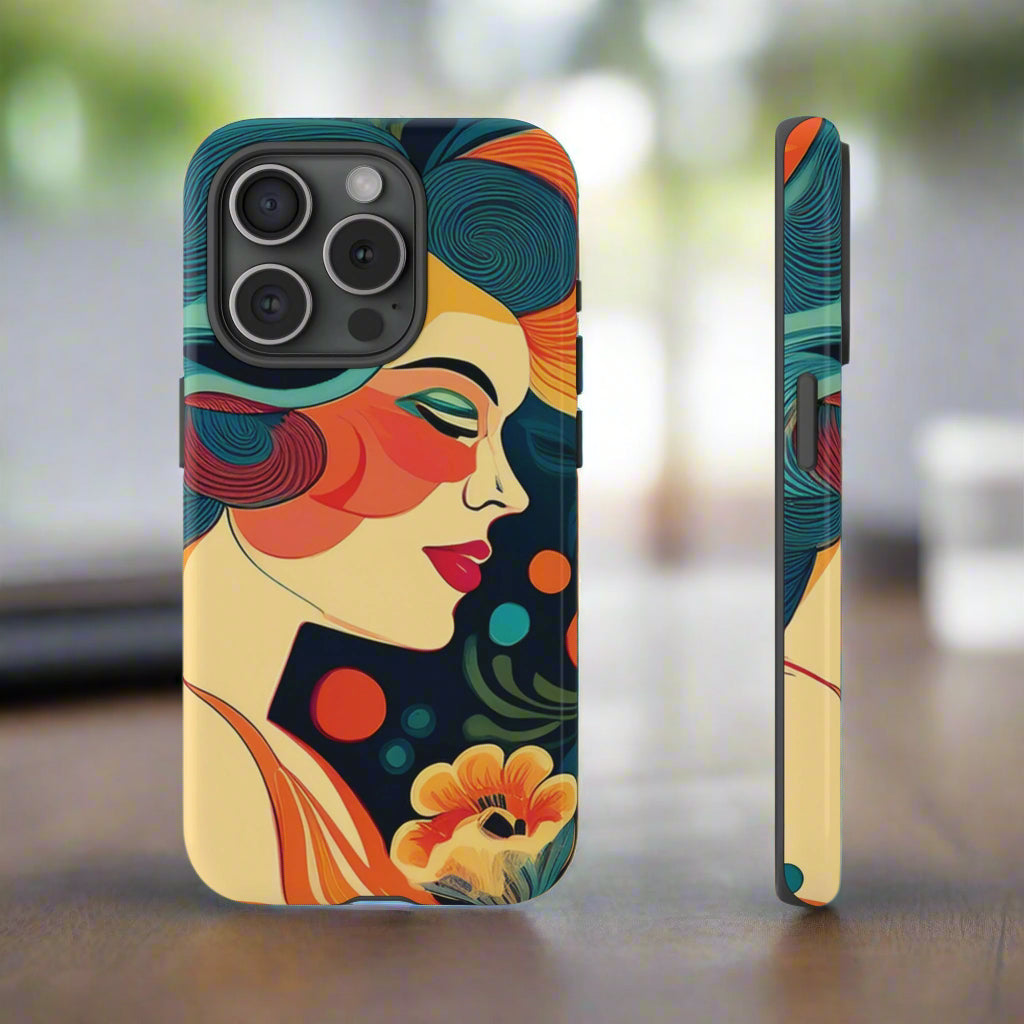 Phone case with colorful design of a woman's face and abstract patterns on a white background