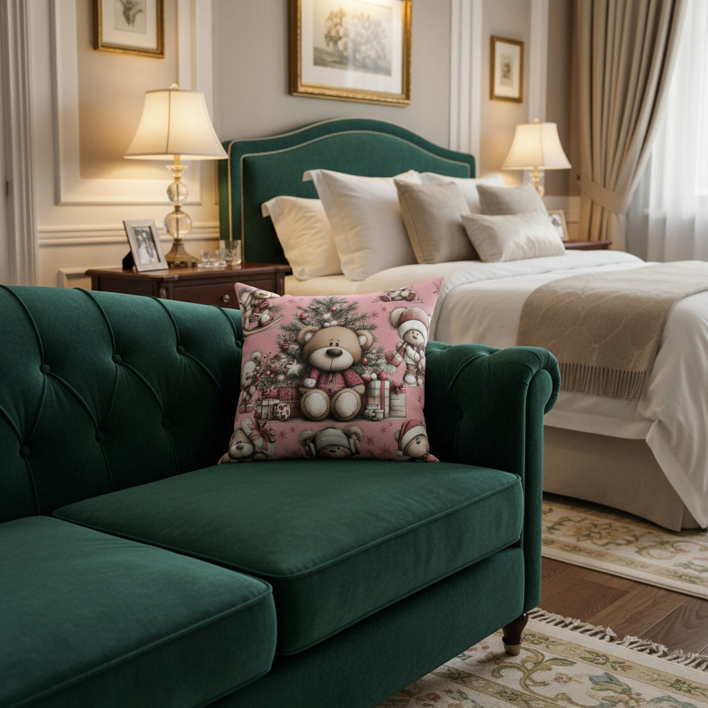 Decorative pillow with teddy bear and Christmas tree design on a pink background