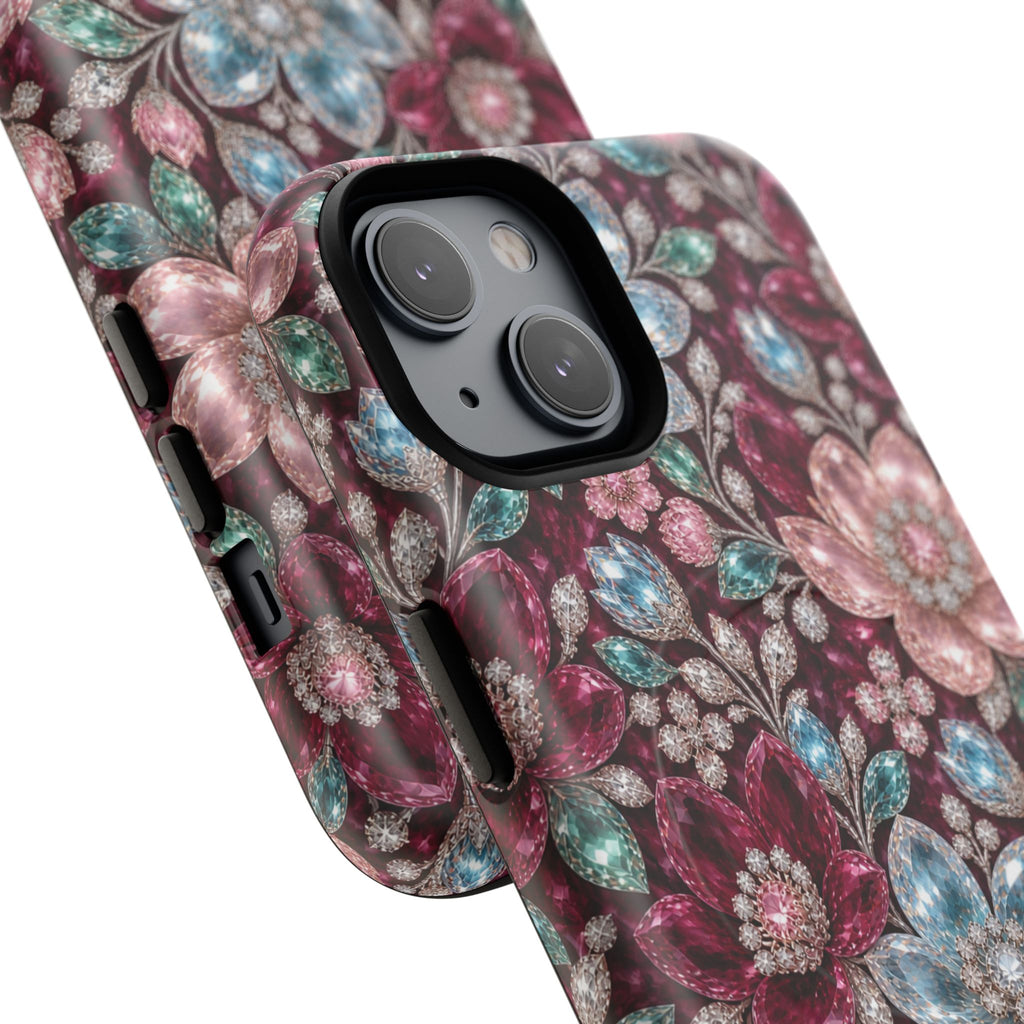 Floral faux Jewel Phone Case Sparkling Burgundy Flower Tough Magnetic Case 18 iPhone